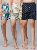 Men's Multicolor, 100% Cotton, Printed, Regular Fit, Inner Elastic, Mid-Rise, Boxers- Pack of 3