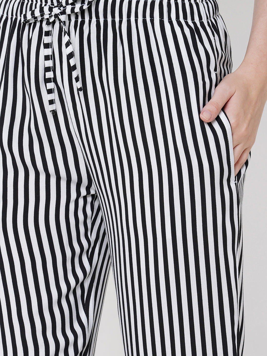 Women's Striped, Black, Viscose, Regular Fit, Elasticated, Waistband, Pyjama  With Side Pockets