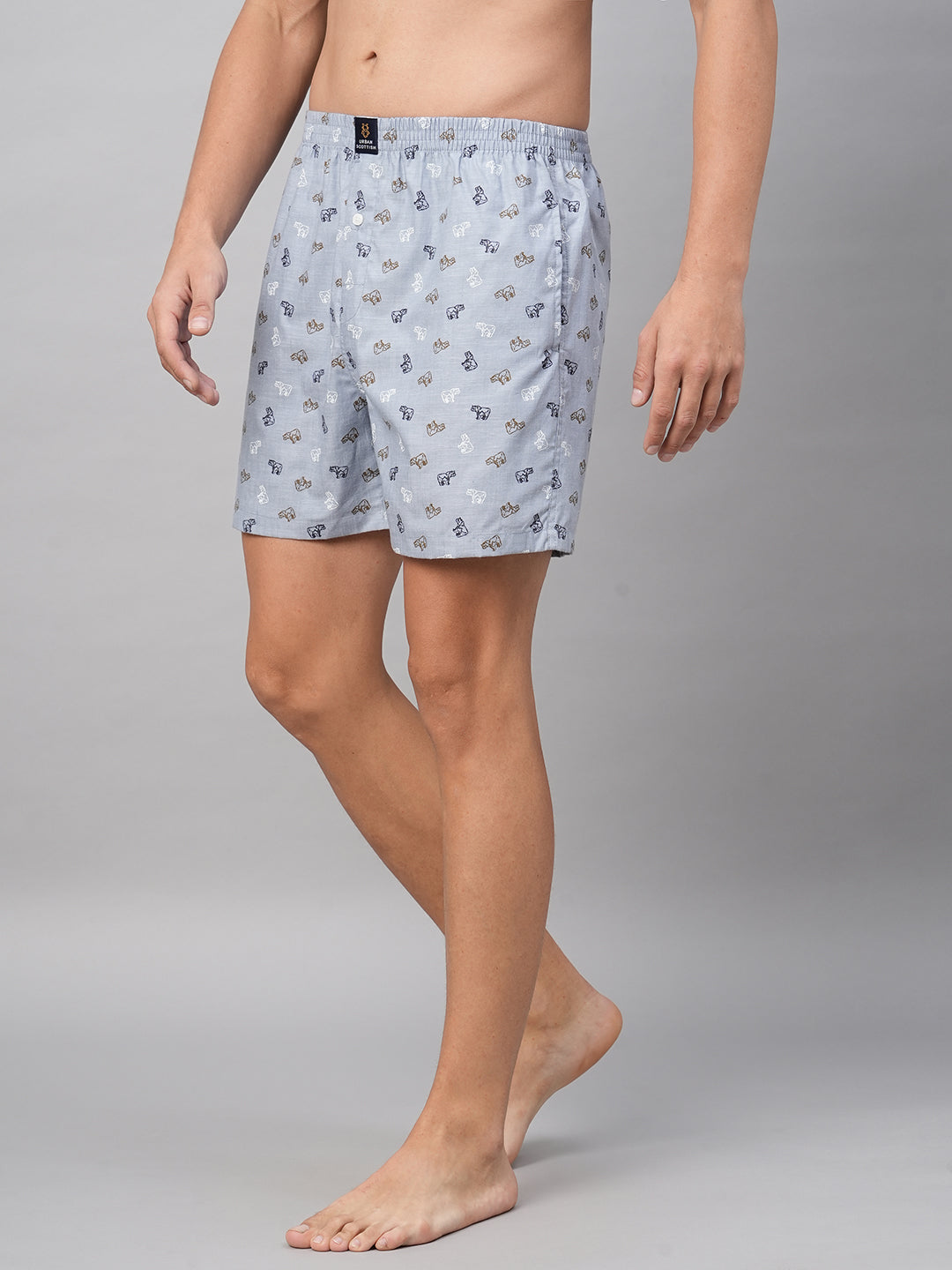 Men's Grey, 100% Cotton, Printed, Regular Fit, Inner Elastic, Mid-Rise, Boxers