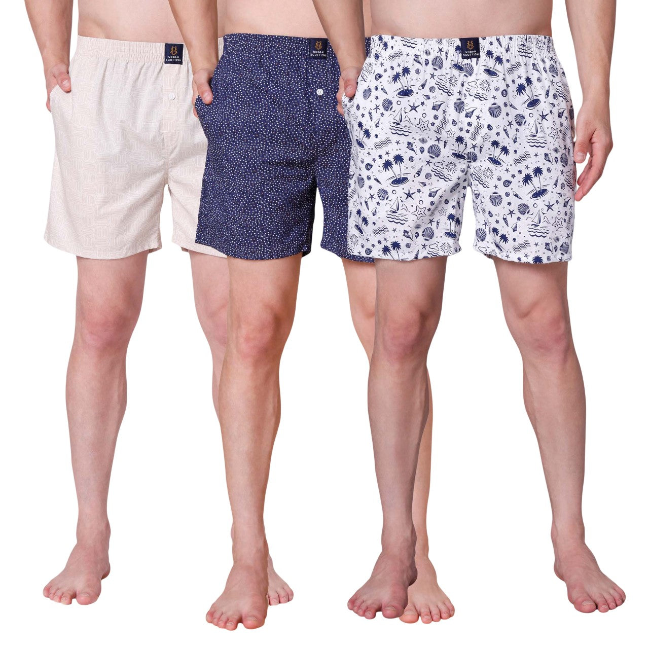 Men's Multicolor, 100% Cotton, printed, Regular Fit,  Inner Elastic, Mid-Rise, Boxers- Pack of 3