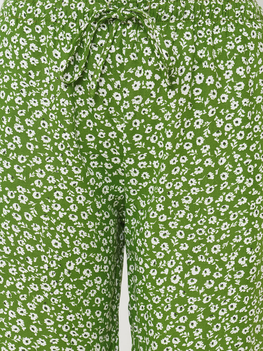 Women's Floral Print, Green, Viscose, Regular Fit, Elasticated, Waistband, Pyjama  With Side Pockets