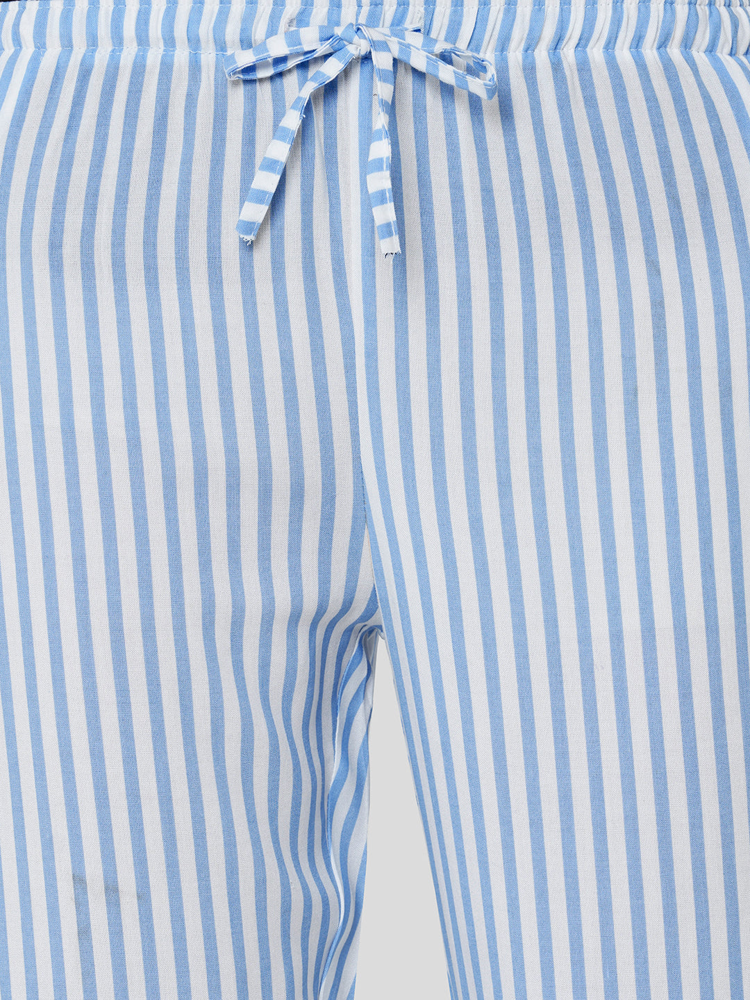 Women's Striped, Blue, Viscose, Regular Fit, Elasticated, Waistband, Pyjama  With Side Pockets