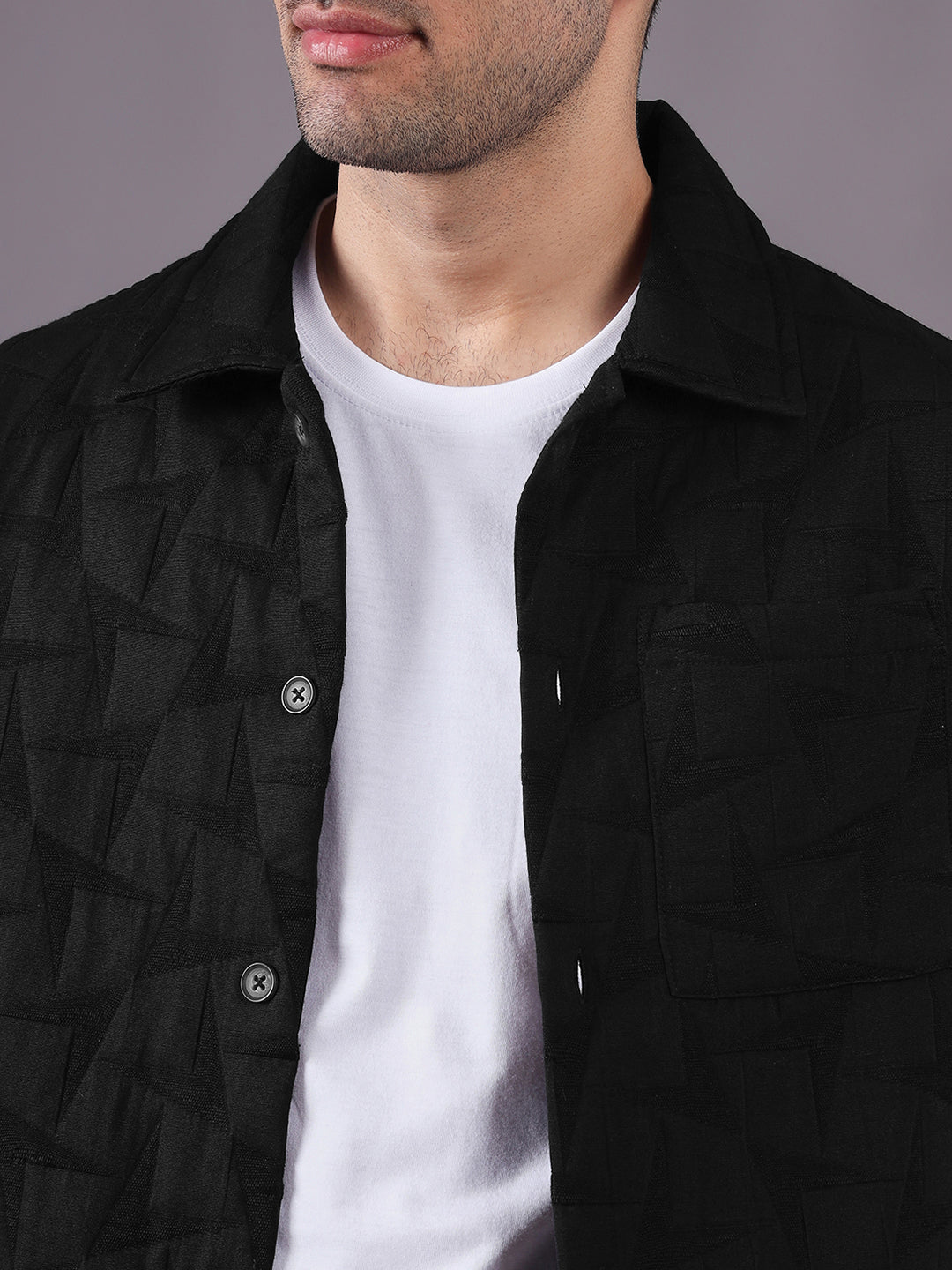 Men Solid Textured Jacquard Weave Oversized Cotton Shacket