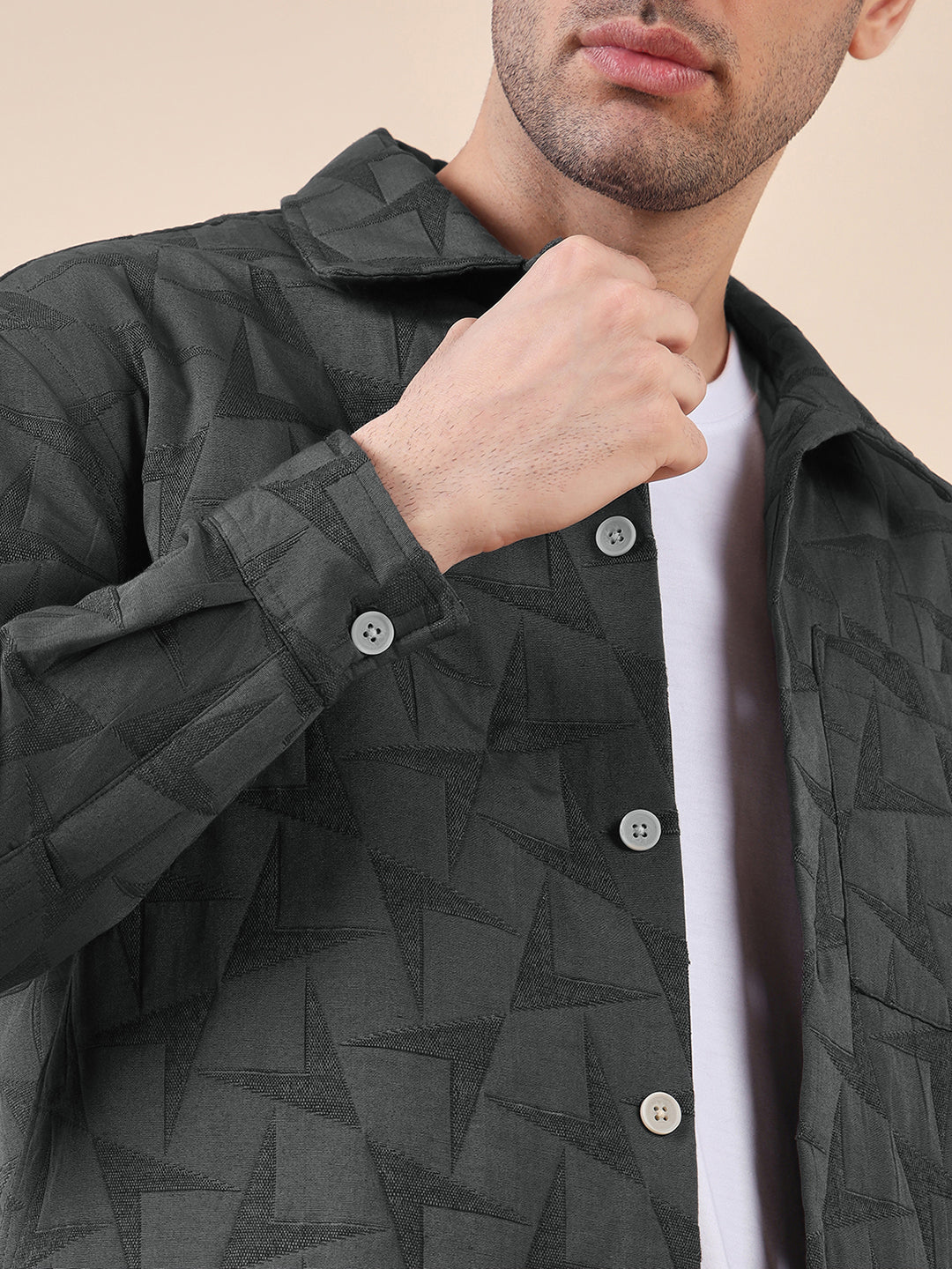Men Solid Textured Jacquard Weave Oversized Cotton Shacket