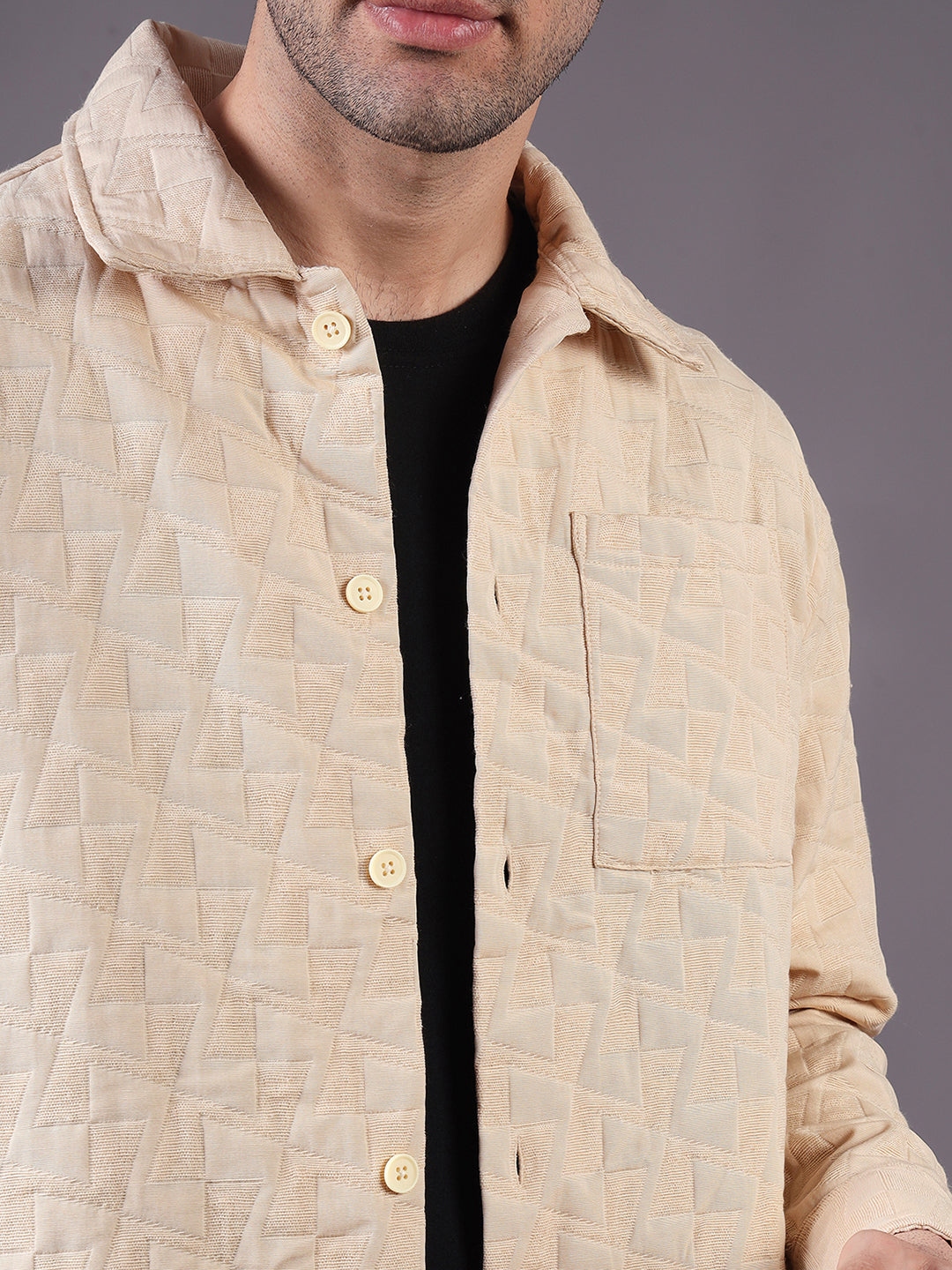 Men Solid Textured Jacquard Weave Oversized Cotton Shacket