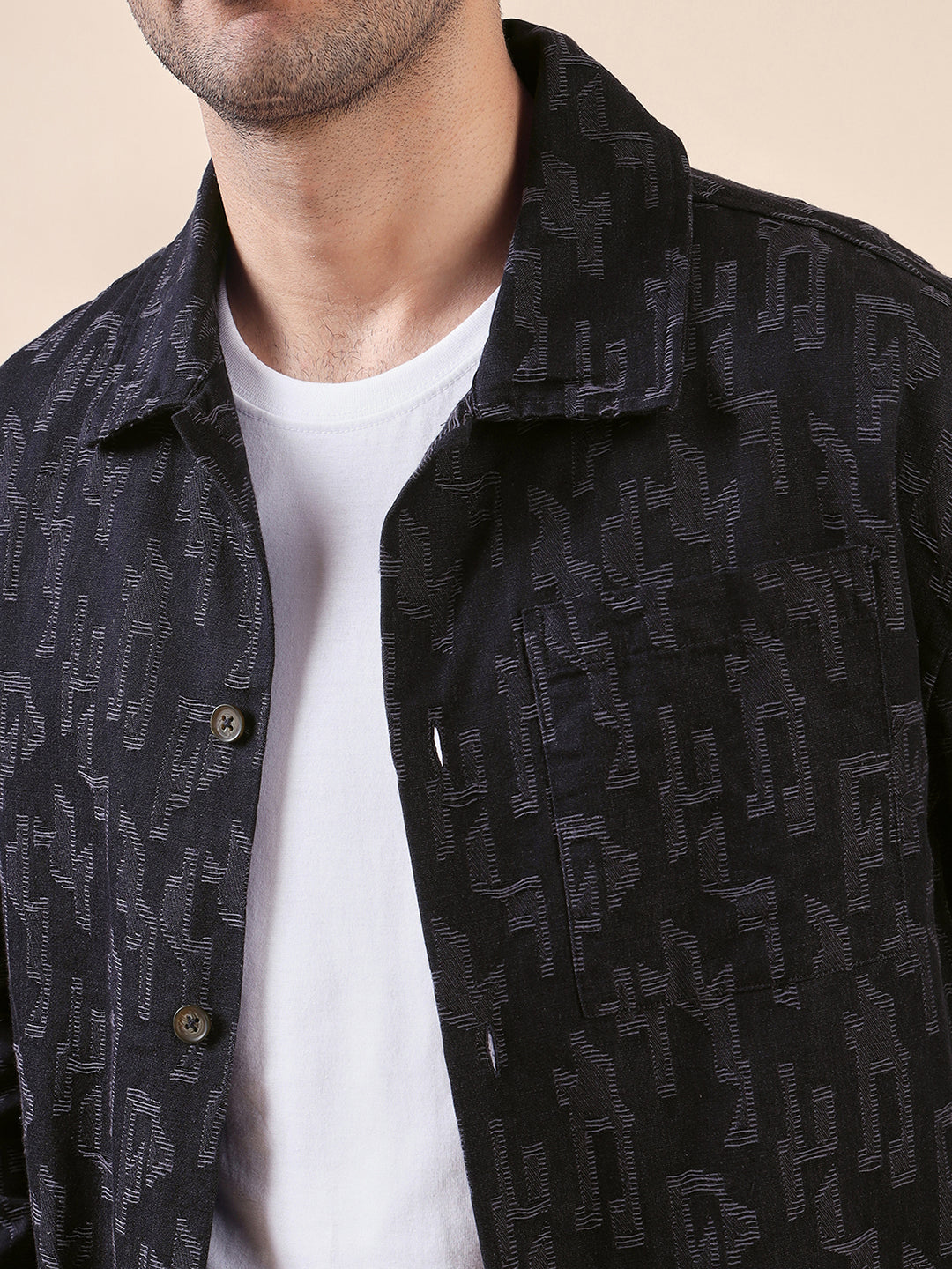 Men Solid Textured Jacquard Weave Oversized Cotton Shacket