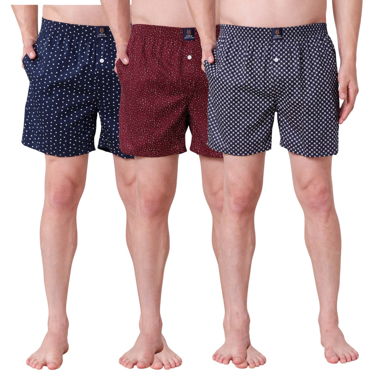 Men's Multicolor, 100% Cotton, printed, Regular Fit,  Inner Elastic, Mid-Rise, Boxers- Pack of 3