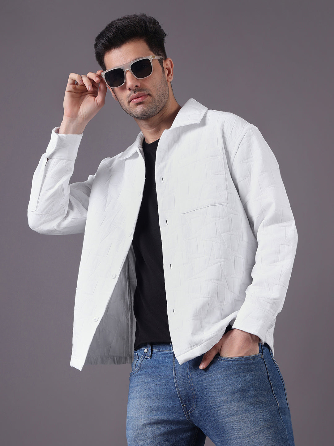 Men Solid Textured Jacquard Weave Oversized Cotton Shacket