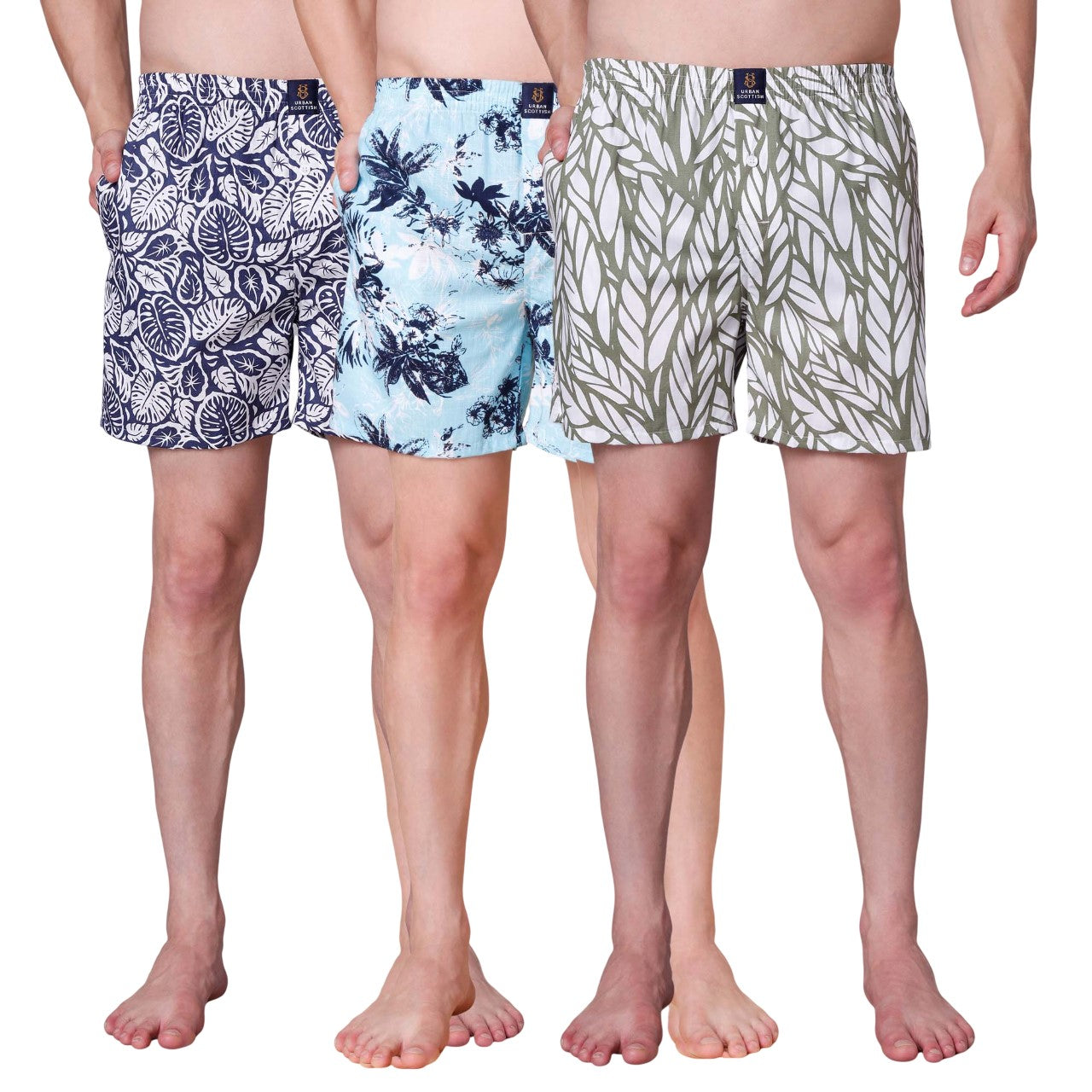 Men's Multicolor, 100% Cotton, printed, Regular Fit,  Inner Elastic, Mid-Rise, Boxers- Pack of 3