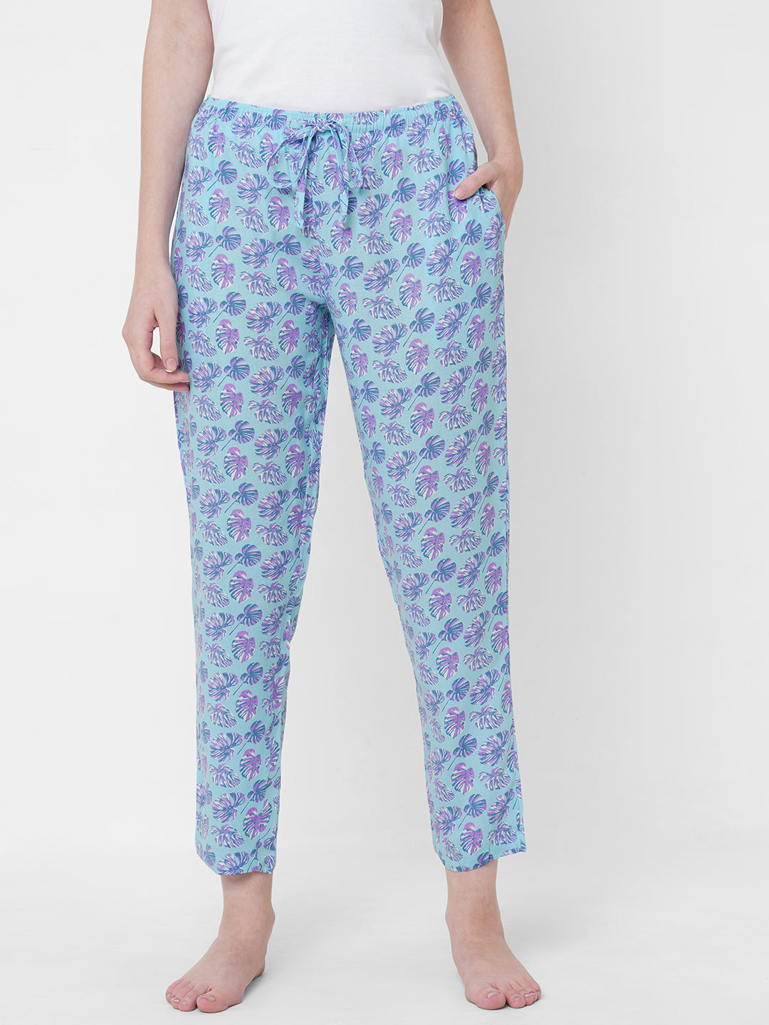 Women's Floral Print, Blue, Viscose, Regular Fit, Elasticated, Waistband, Pyjama  With Side Pockets