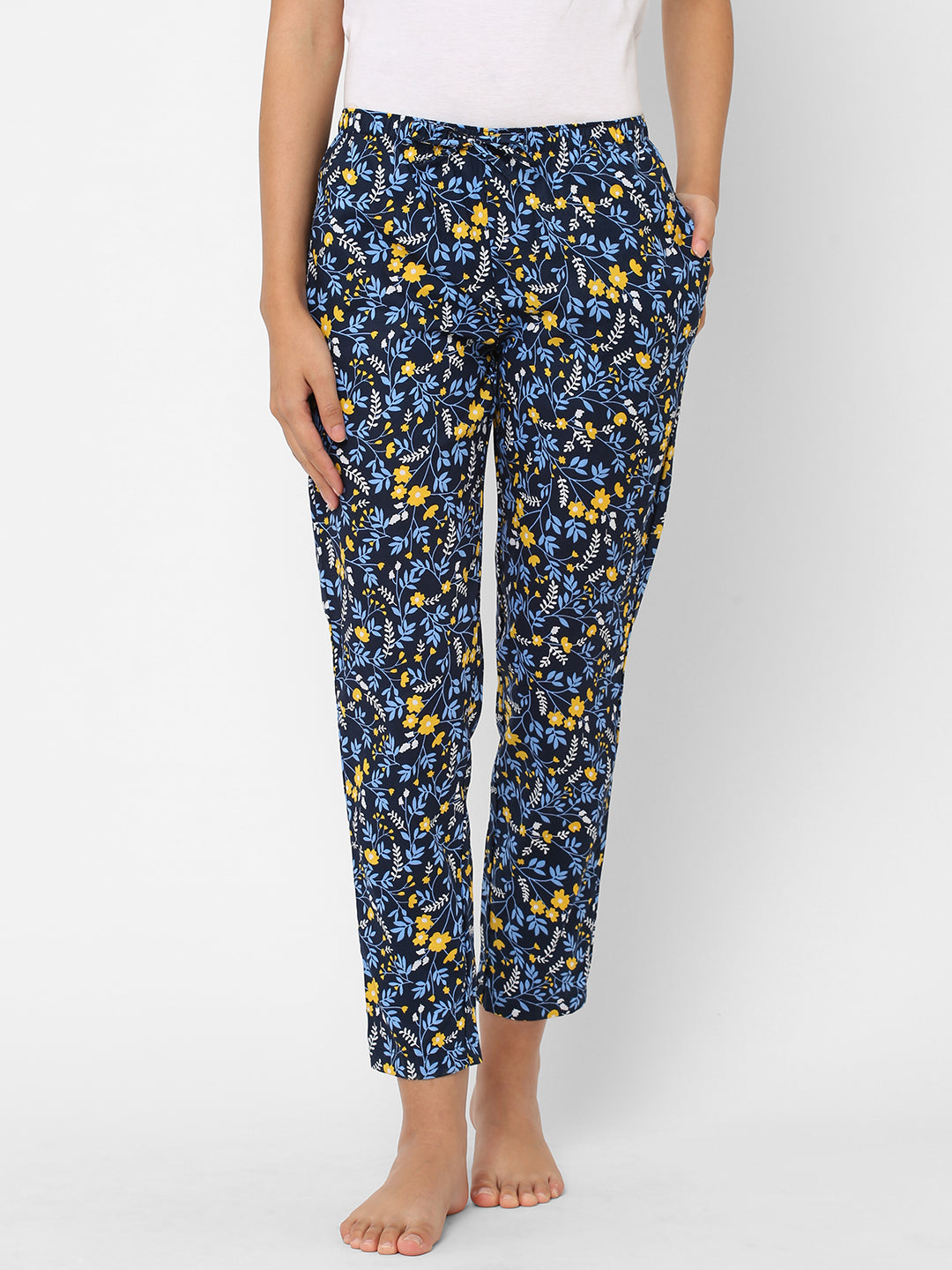 Women's Printed, Blue, Cotton, Regular Fit, Elasticated, Waistband, Pyjama  With Side Pockets