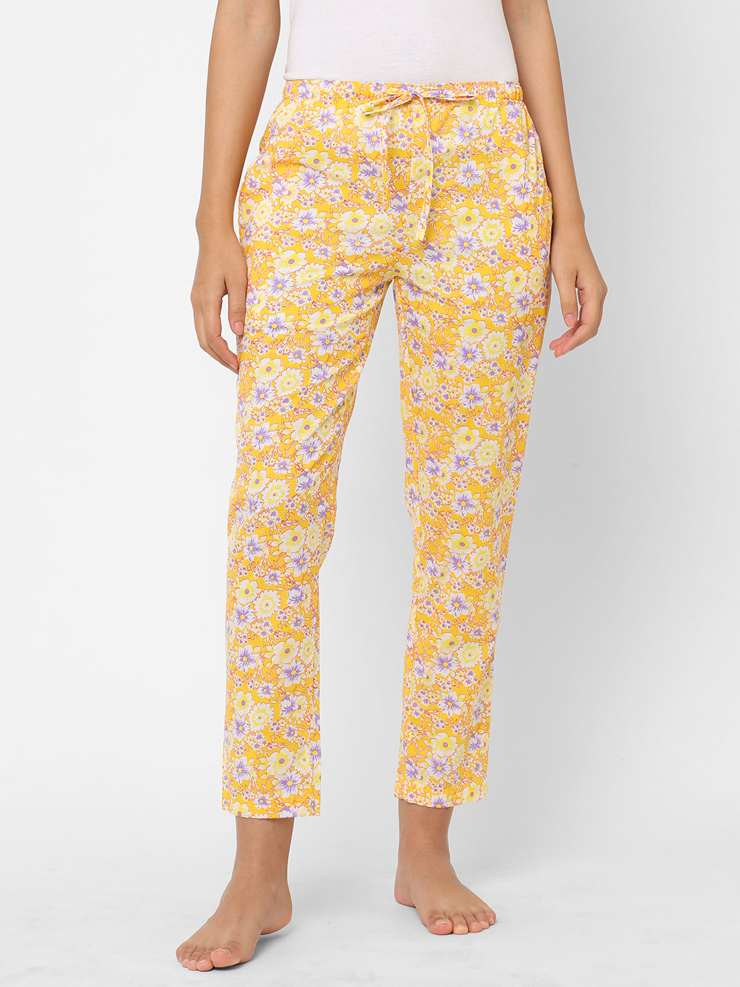 Women's Floral Print, Yellow, Cotton, Regular Fit, Elasticated, Waistband, Pyjama  With Side Pockets