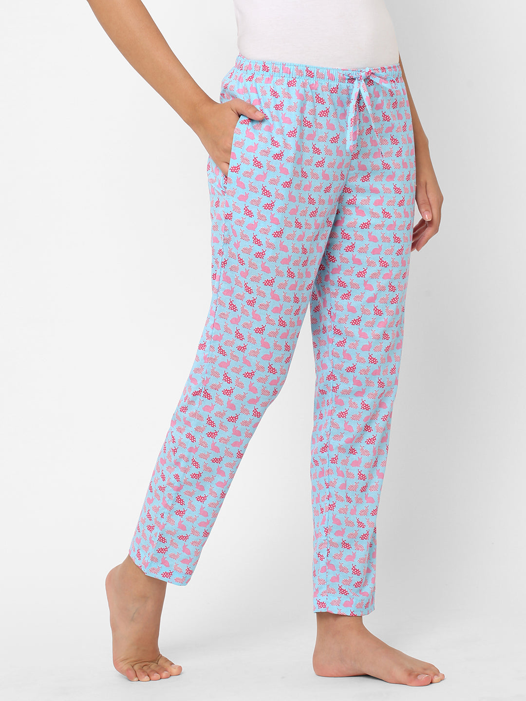 Women's Animal Print, Light Blue, Cotton, Regular Fit, Elasticated, Waistband, Pyjama  With Side Pockets