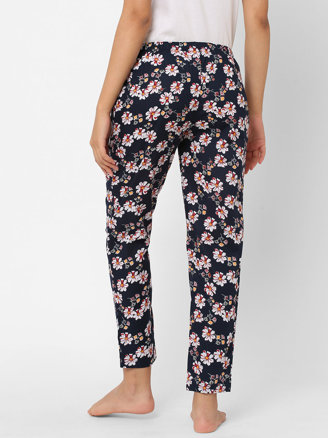 Women's Floral Print, Navy, Cotton, Regular Fit, Elasticated, Waistband, Pyjama  With Side Pockets