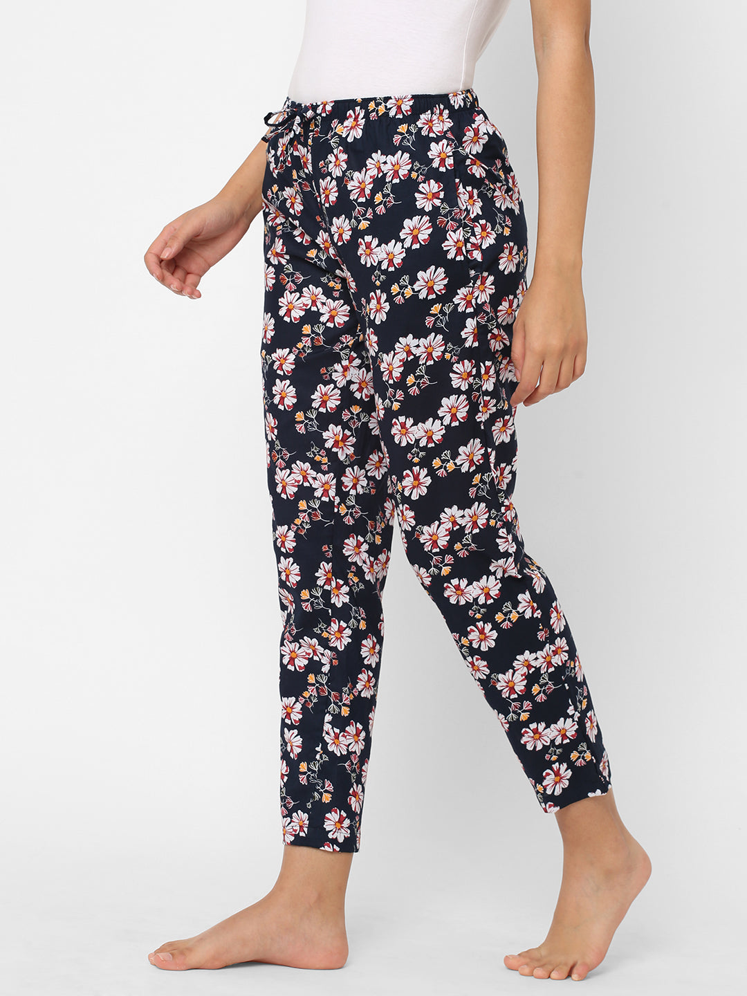 Women's Floral Print, Navy, Cotton, Regular Fit, Elasticated, Waistband, Pyjama  With Side Pockets