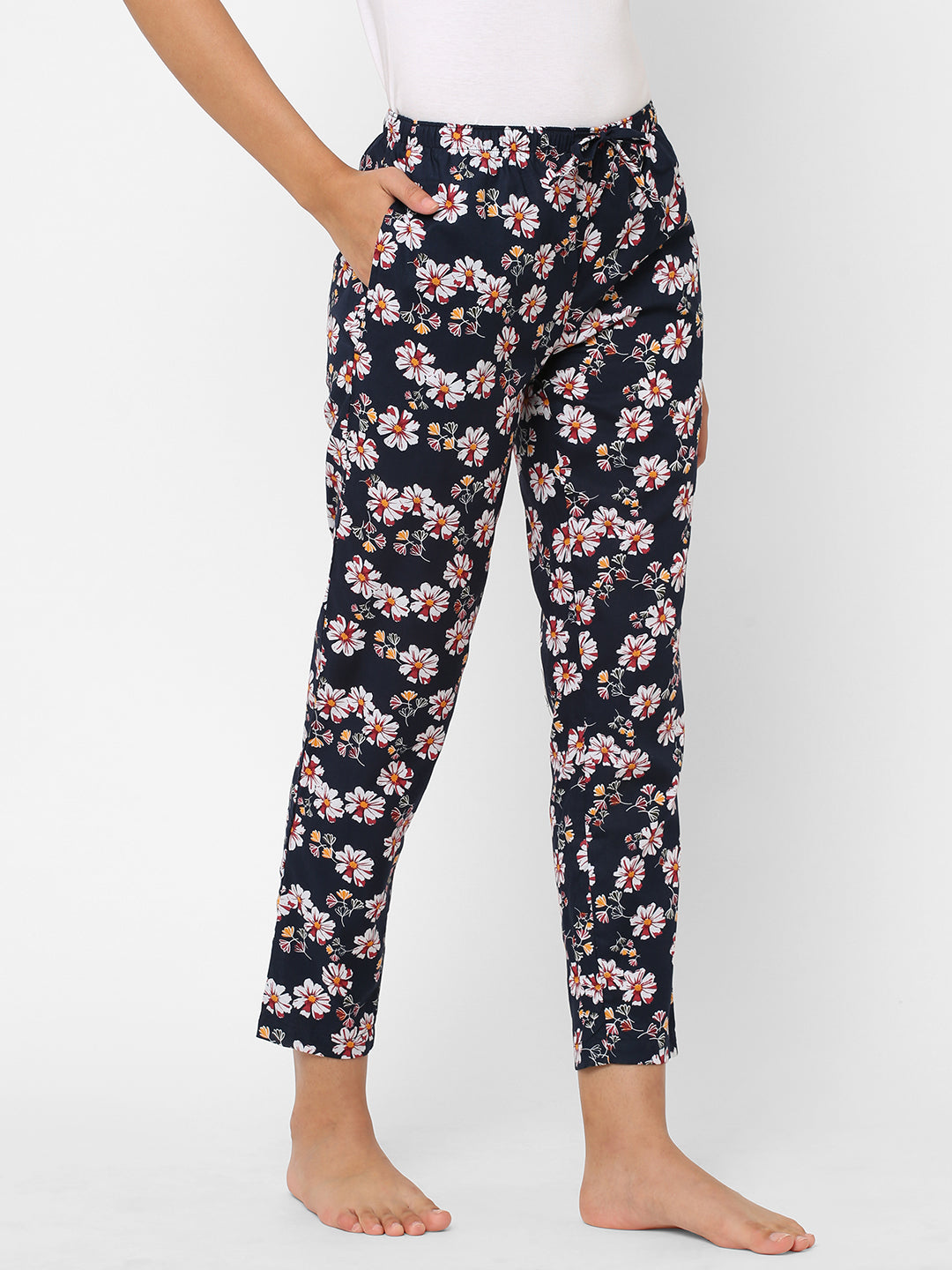 Women's Floral Print, Navy, Cotton, Regular Fit, Elasticated, Waistband, Pyjama  With Side Pockets