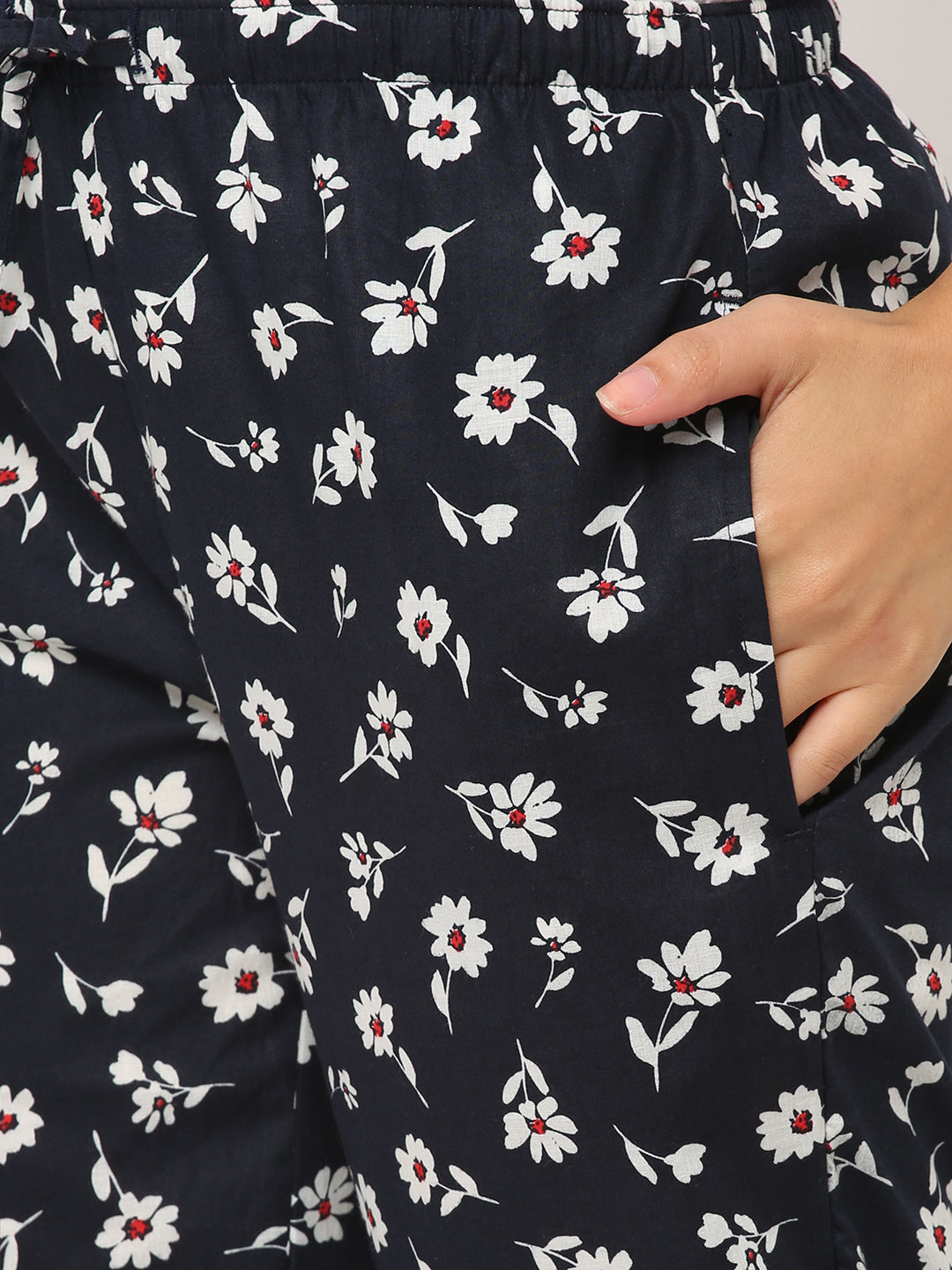 Women's Floral Print, Black, Cotton, Regular Fit, Elasticated, Waistband, Pyjama  With Side Pockets
