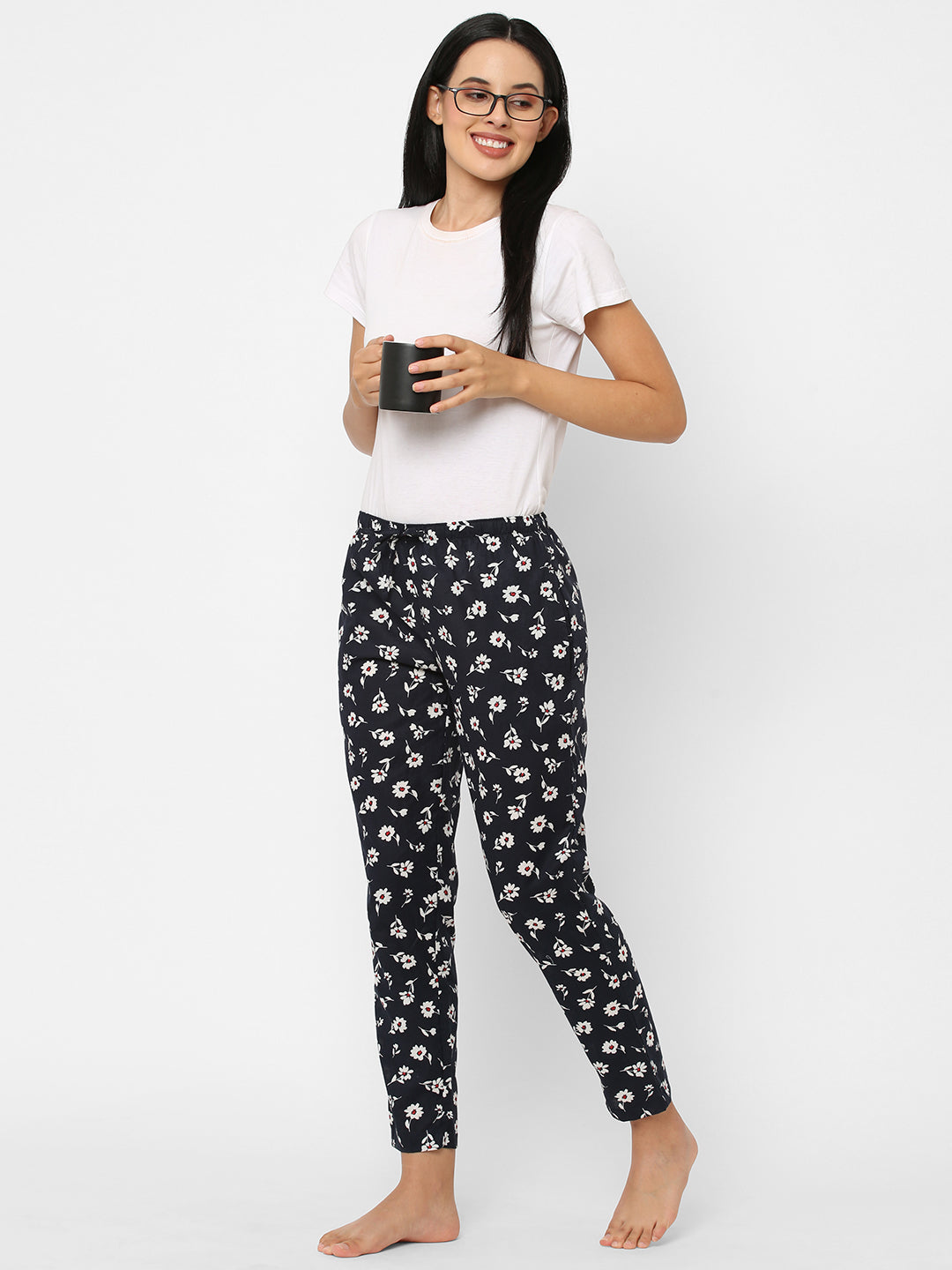 Women's Floral Print, Black, Cotton, Regular Fit, Elasticated, Waistband, Pyjama  With Side Pockets