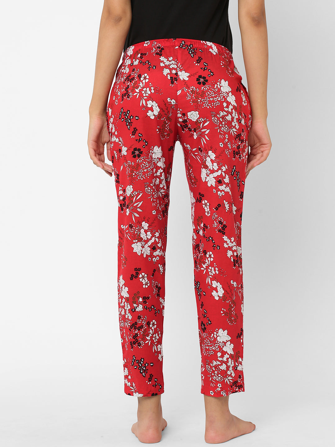 Women's Floral Print, Red, Cotton, Regular Fit, Elasticated, Waistband, Pyjama  With Side Pockets