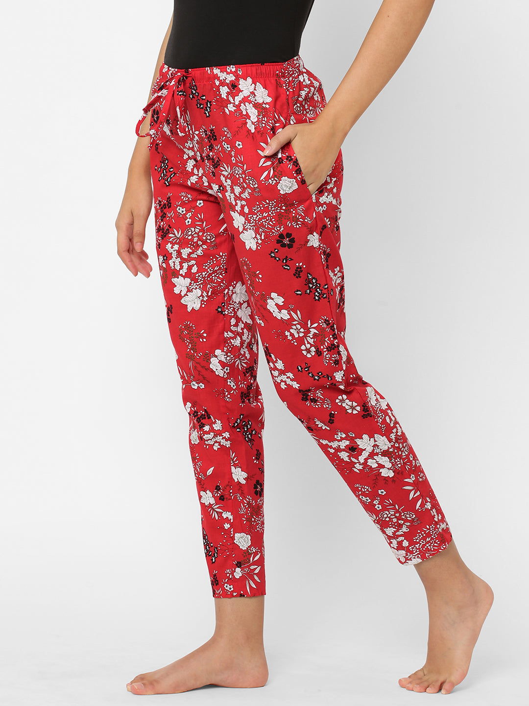 Women's Floral Print, Red, Cotton, Regular Fit, Elasticated, Waistband, Pyjama  With Side Pockets