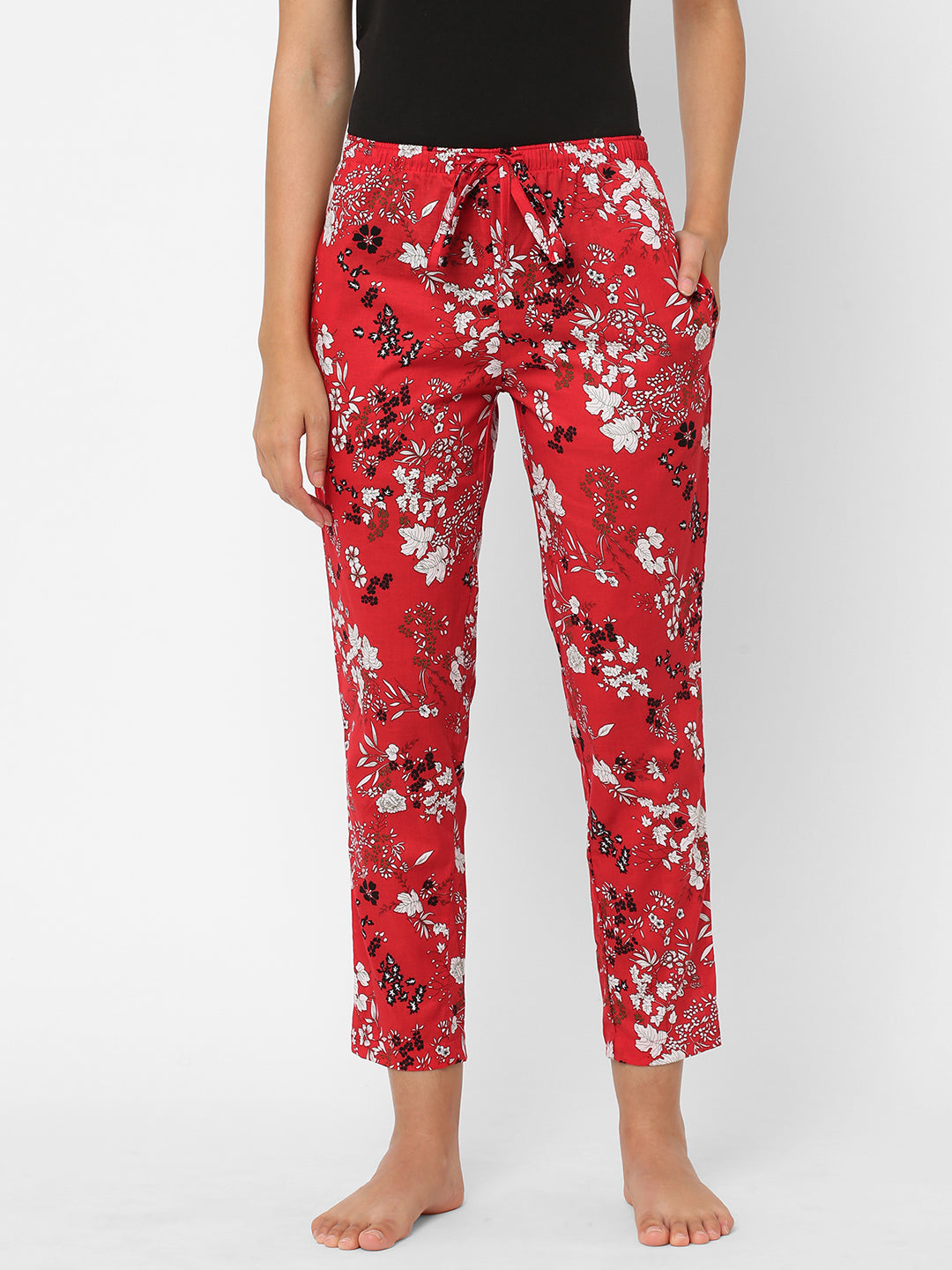 Women's Floral Print, Red, Cotton, Regular Fit, Elasticated, Waistband, Pyjama  With Side Pockets