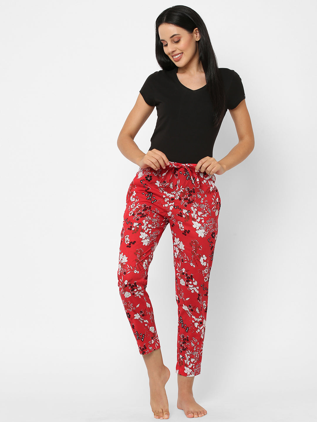 Women's Floral Print, Red, Cotton, Regular Fit, Elasticated, Waistband, Pyjama  With Side Pockets