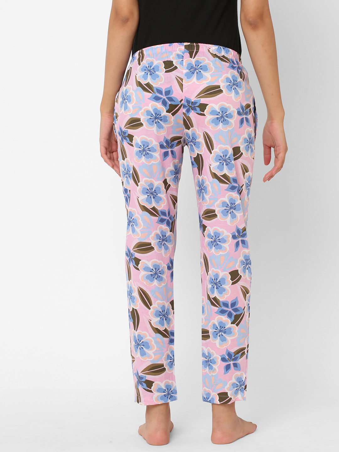 Women's Floral Print, Pink, Cotton, Regular Fit, Elasticated, Waistband, Pyjama  With Side Pockets