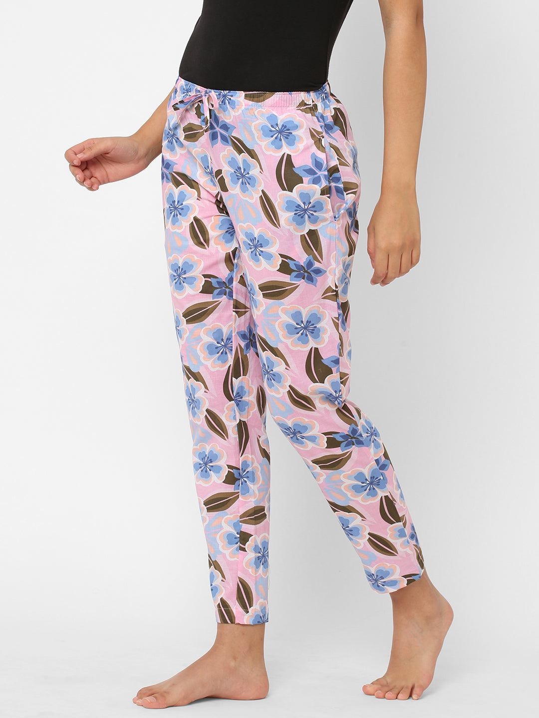 Women's Floral Print, Pink, Cotton, Regular Fit, Elasticated, Waistband, Pyjama  With Side Pockets