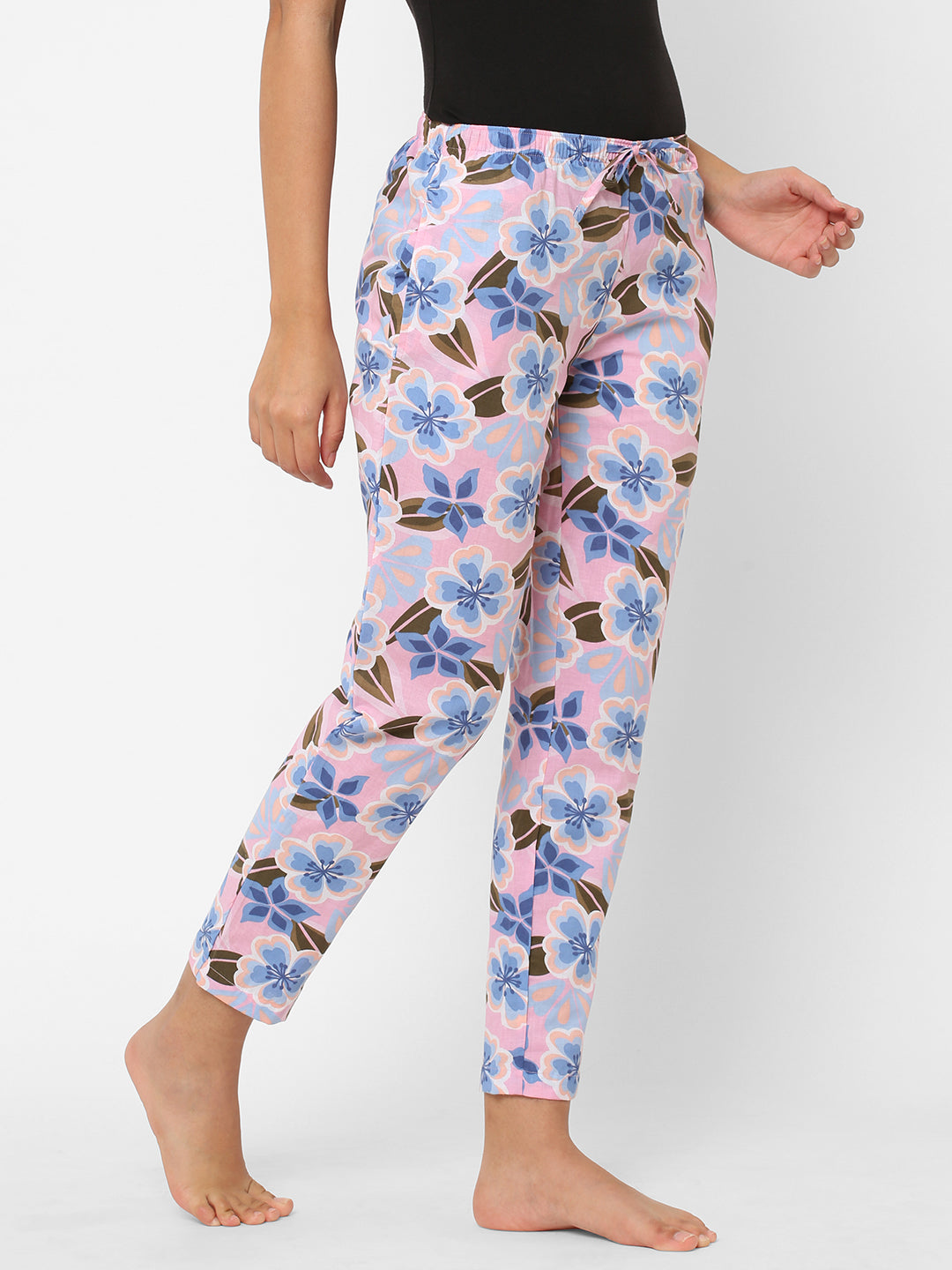 Women's Floral Print, Pink, Cotton, Regular Fit, Elasticated, Waistband, Pyjama  With Side Pockets