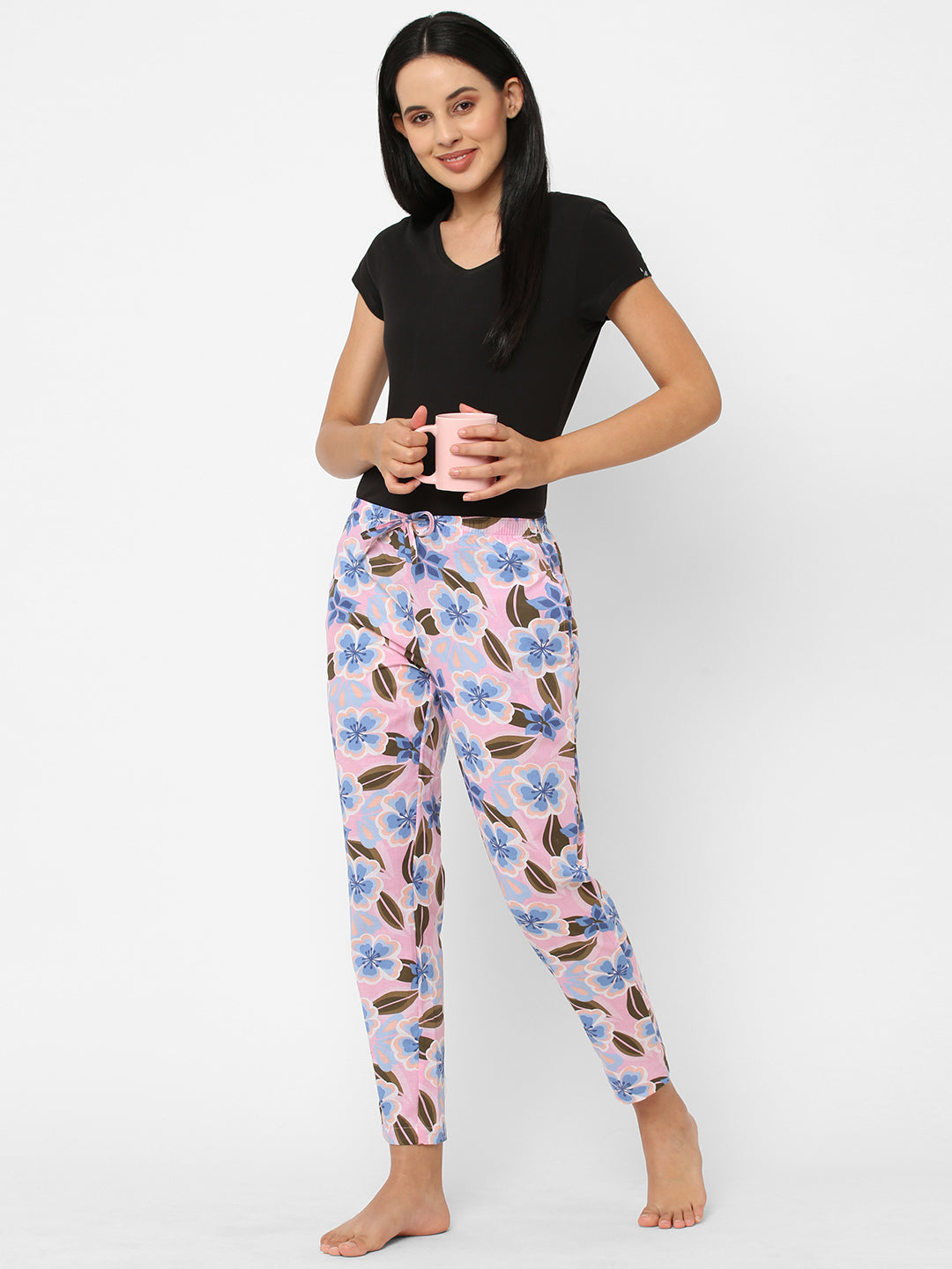 Women's Floral Print, Pink, Cotton, Regular Fit, Elasticated, Waistband, Pyjama  With Side Pockets