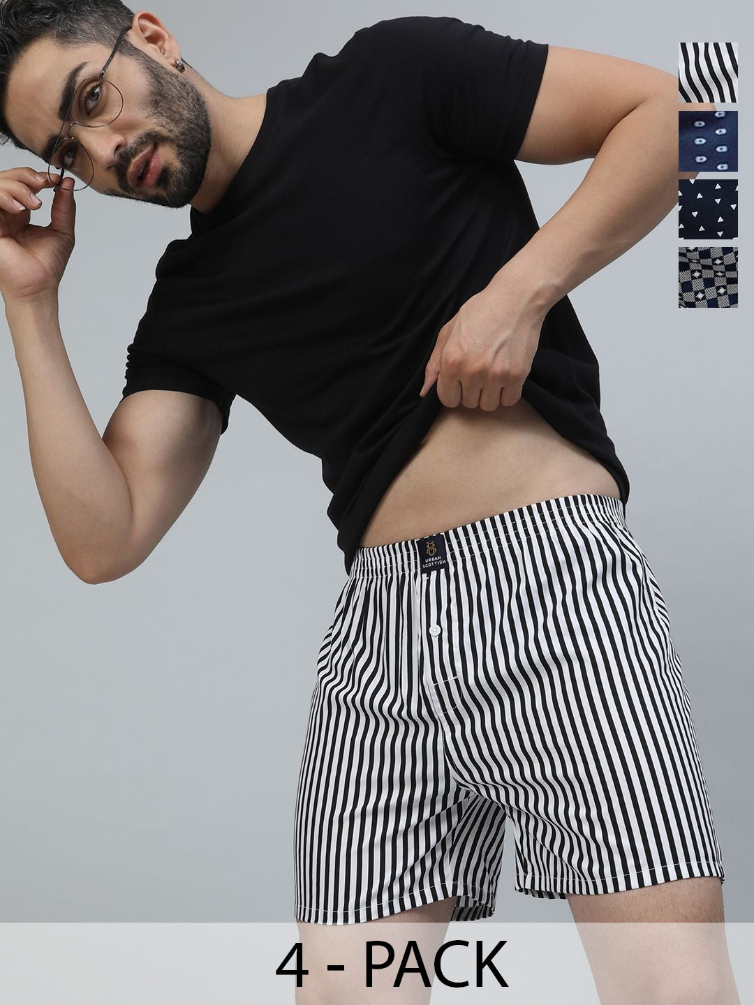 Men's Multicolor, 100% Cotton, printed, Regular Fit,  Inner Elastic, Mid-Rise, Boxers- Pack of 4