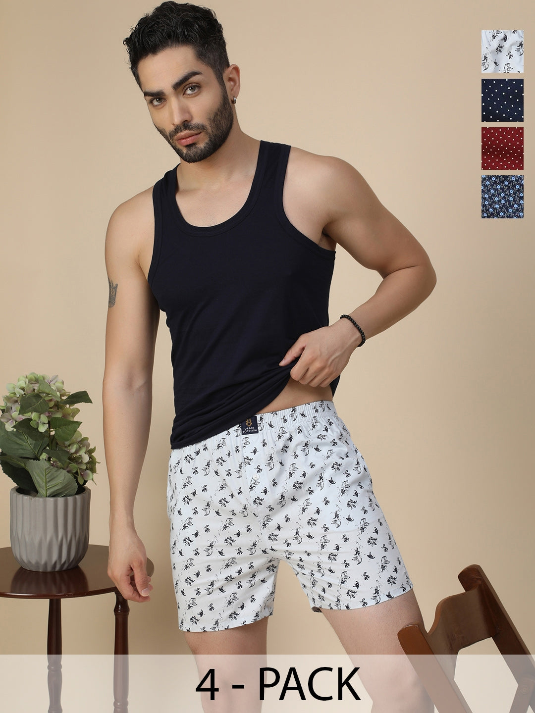 Men's Multicolor, 100% Cotton, printed, Regular Fit,  Inner Elastic, Mid-Rise, Boxers- Pack of 4
