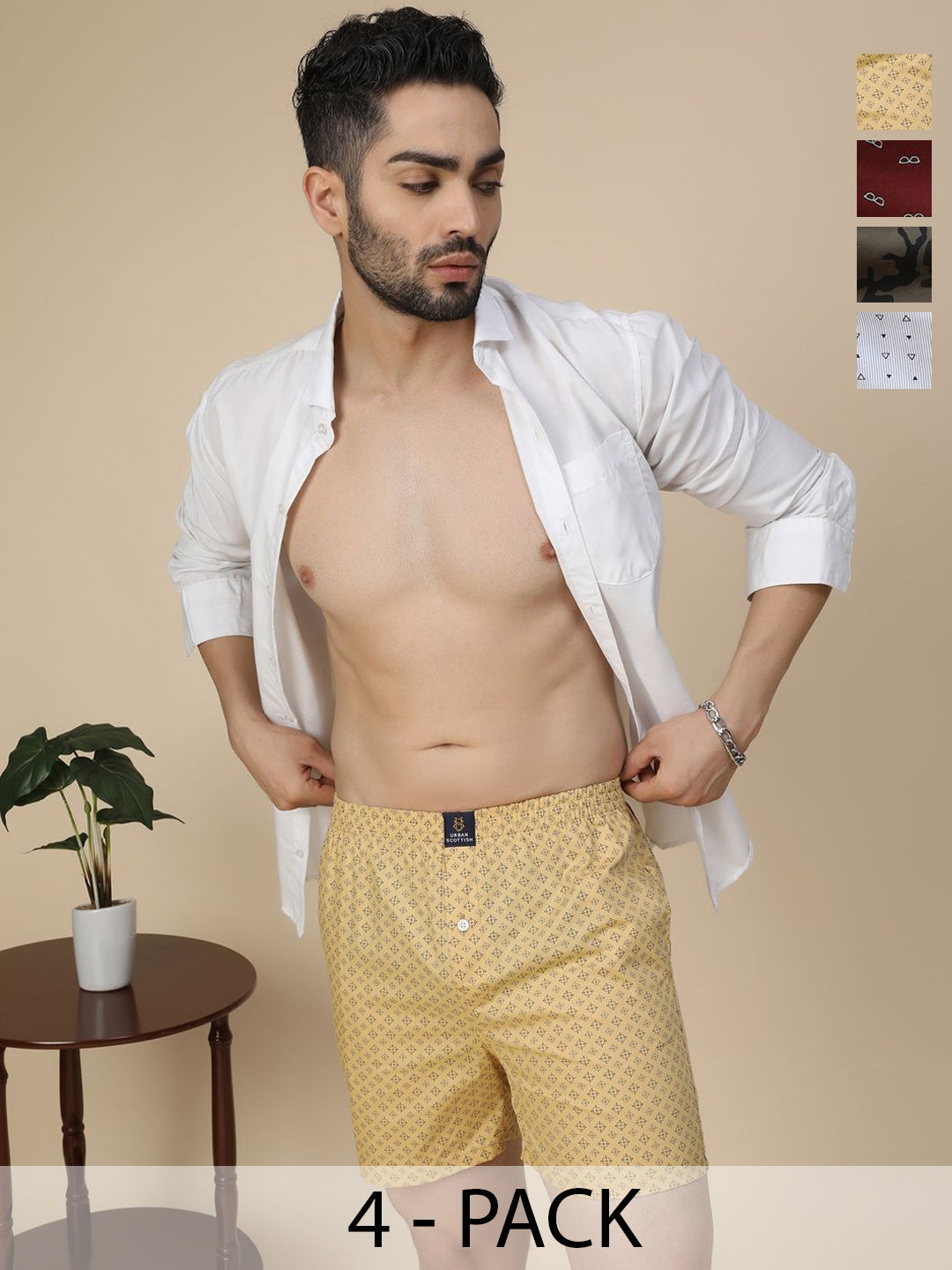 Men's Multicolor, 100% Cotton, printed, Regular Fit,  Inner Elastic, Mid-Rise, Boxers- Pack of 4