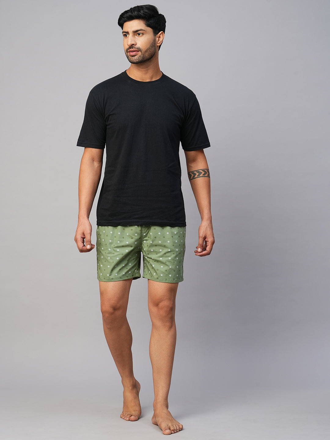Men's Green, 100% Cotton, Printed, Regular Fit, Inner Elastic, Mid-Rise, Boxers