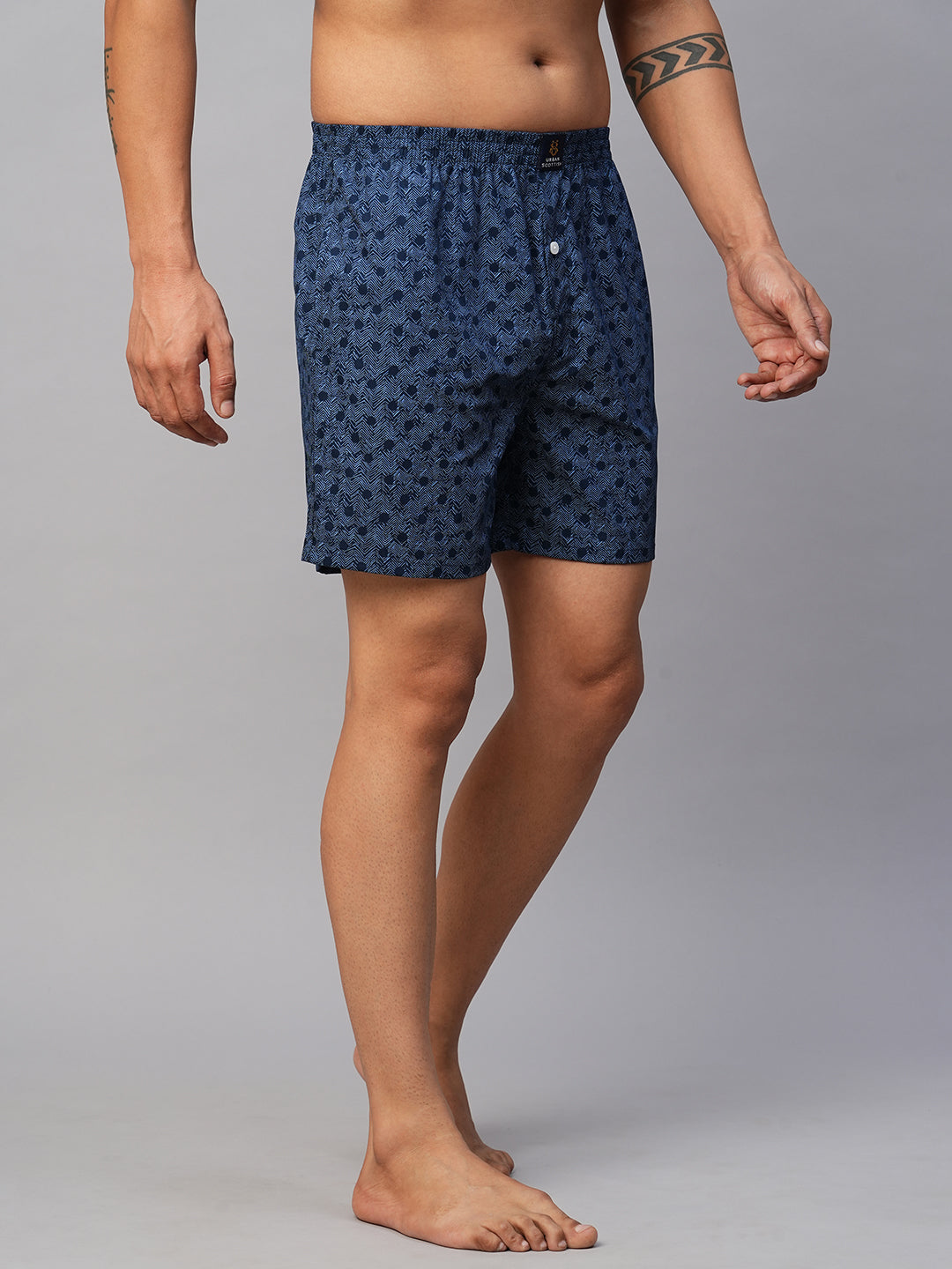 Men's Blue, 100% Cotton, Printed, Regular Fit, Inner Elastic, Mid-Rise, Boxers