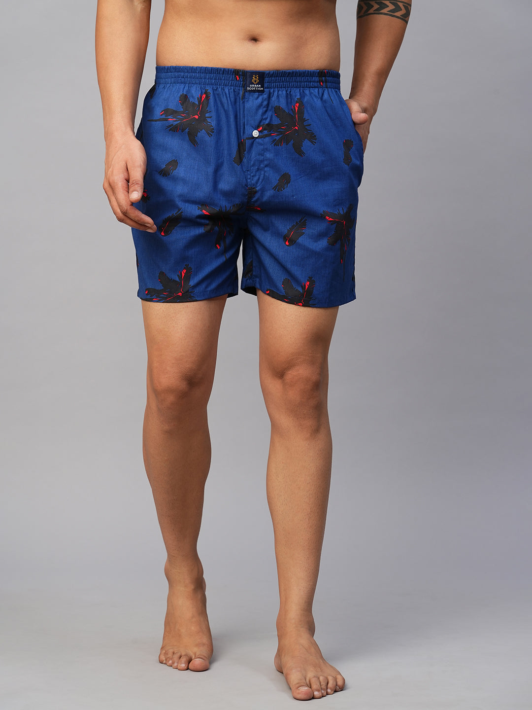 Men's Blue, 100% Cotton, Printed, Regular Fit, Inner Elastic, Mid-Rise, Boxers