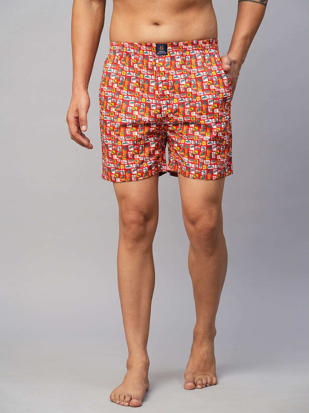 Men's Red, 100% Cotton, Printed, Regular Fit, Inner Elastic, Mid-Rise, Boxers