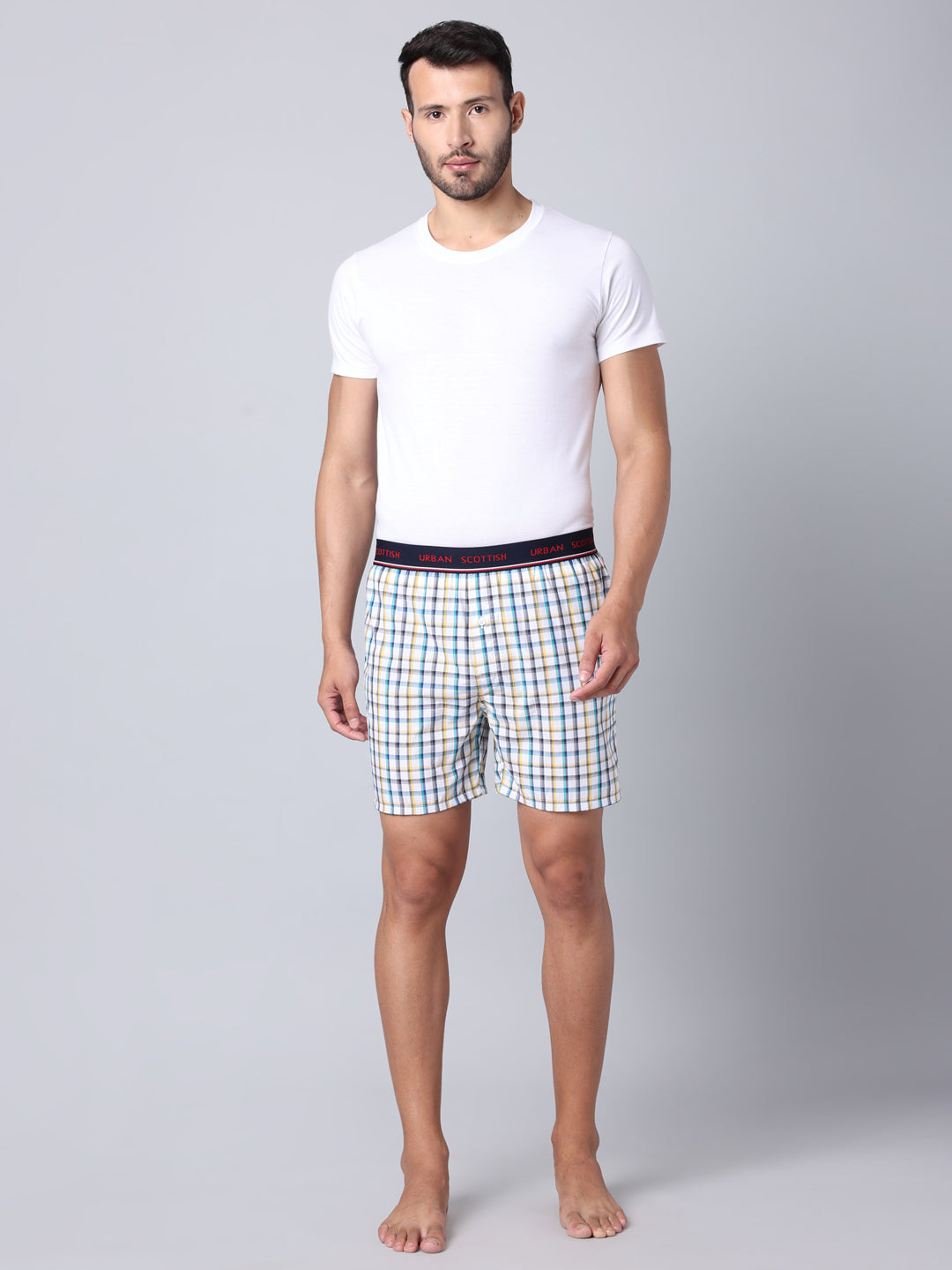 Men's Multicolor, 100% Cotton, Checks, Regular Fit,  Outer Elastic, Mid-Rise, Boxers