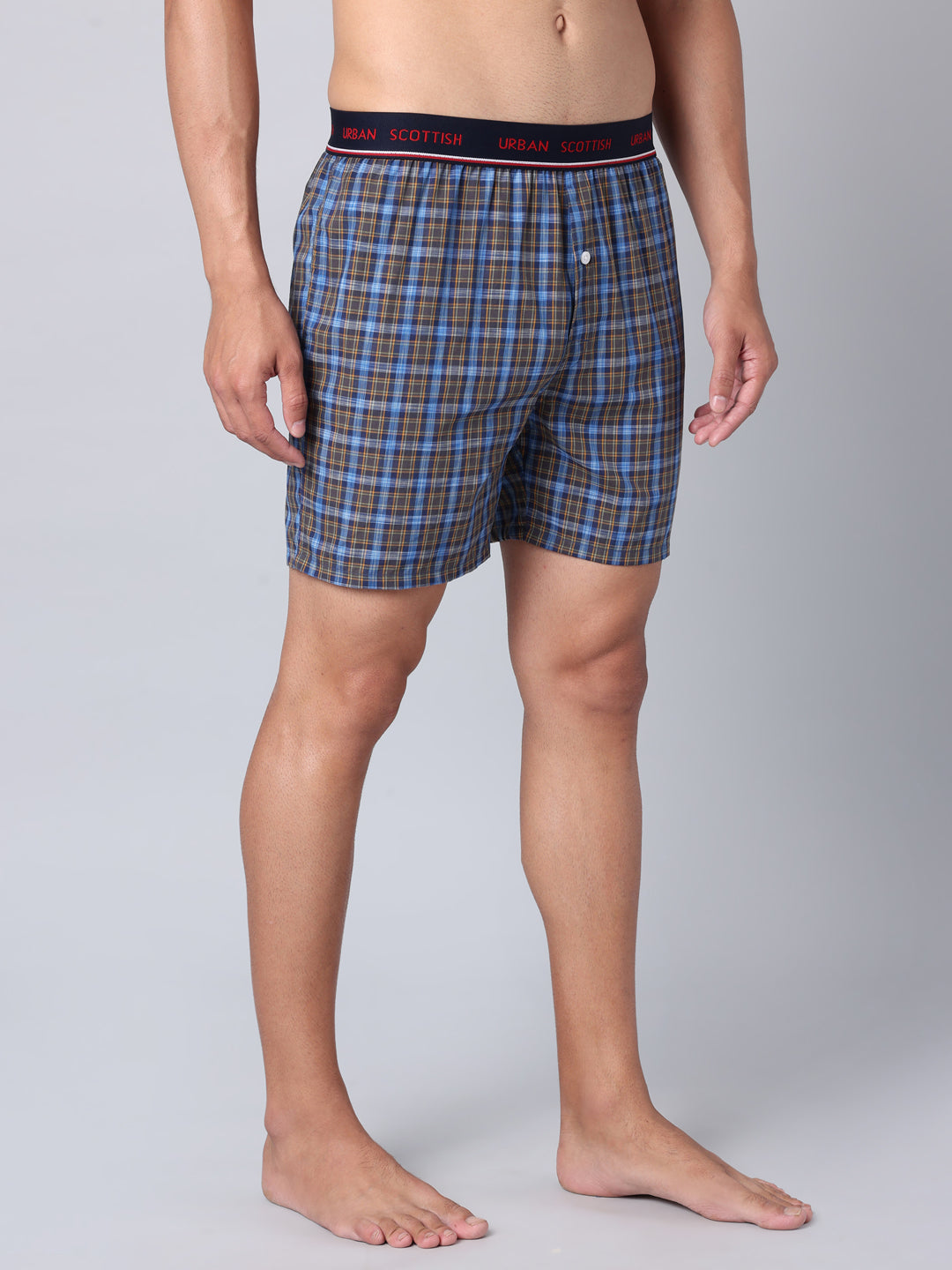 Men's Blue, 100% Cotton, Checks, Regular Fit,  Outer Elastic, Mid-Rise, Boxers