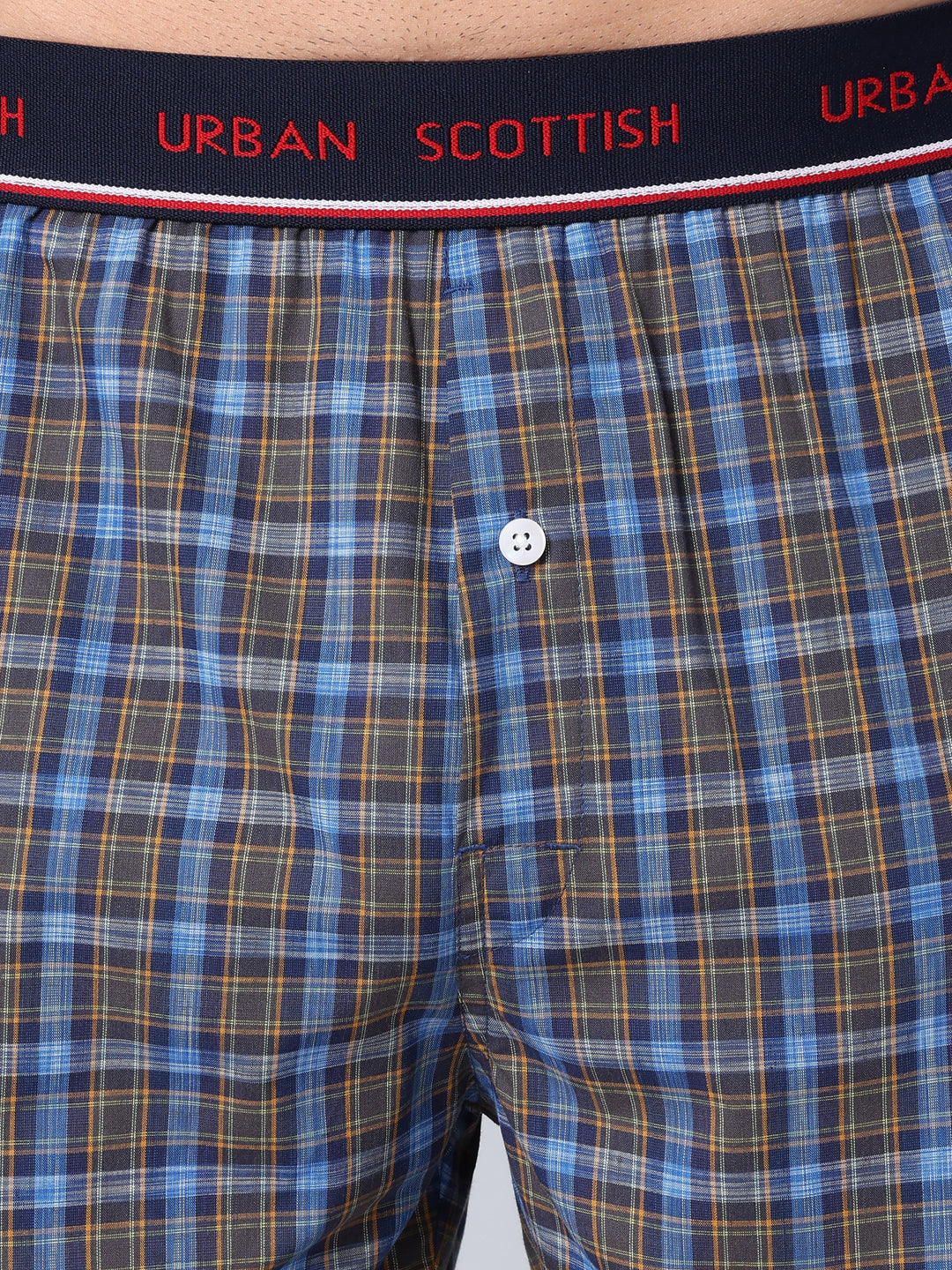 Men's Blue, 100% Cotton, Checks, Regular Fit,  Outer Elastic, Mid-Rise, Boxers