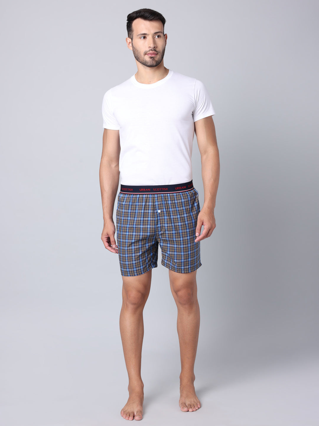 Men's Blue, 100% Cotton, Checks, Regular Fit,  Outer Elastic, Mid-Rise, Boxers