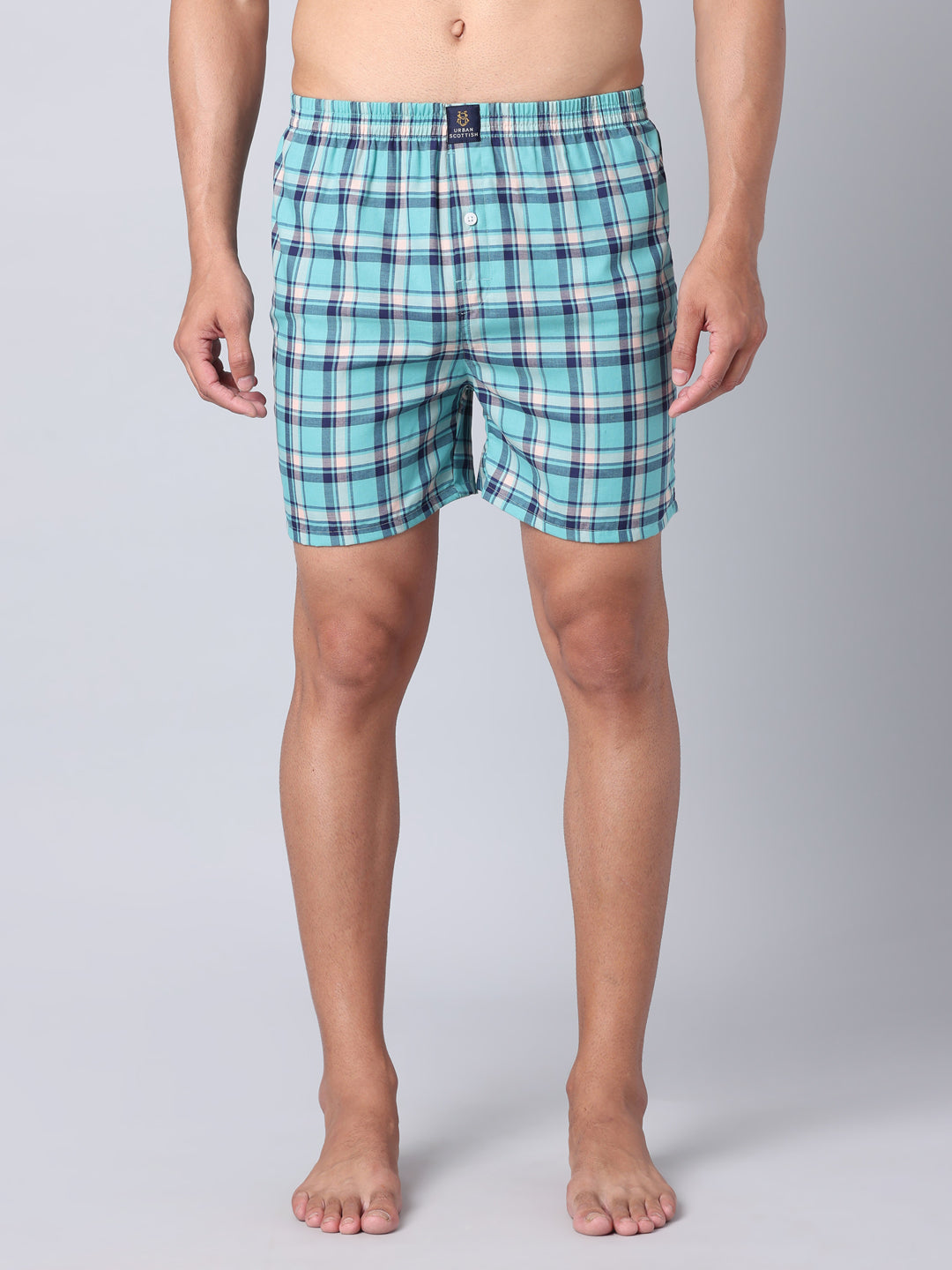 Men's Aqua Blue, 100% Cotton, Checks, Regular Fit,  Inner Elastic, Mid-Rise, Boxers