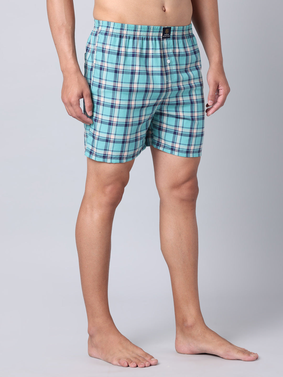 Men's Aqua Blue, 100% Cotton, Checks, Regular Fit,  Inner Elastic, Mid-Rise, Boxers