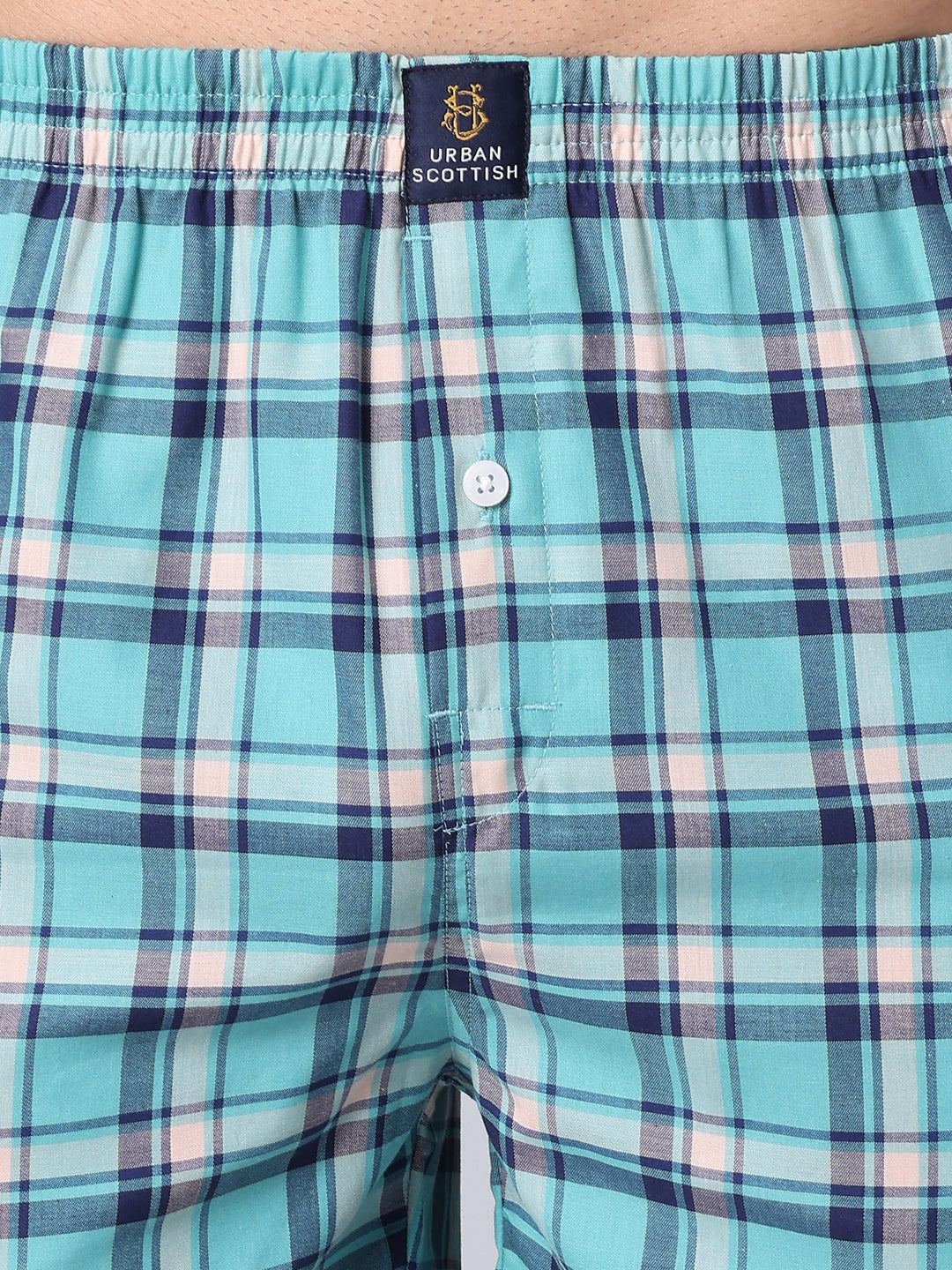 Men's Aqua Blue, 100% Cotton, Checks, Regular Fit,  Inner Elastic, Mid-Rise, Boxers