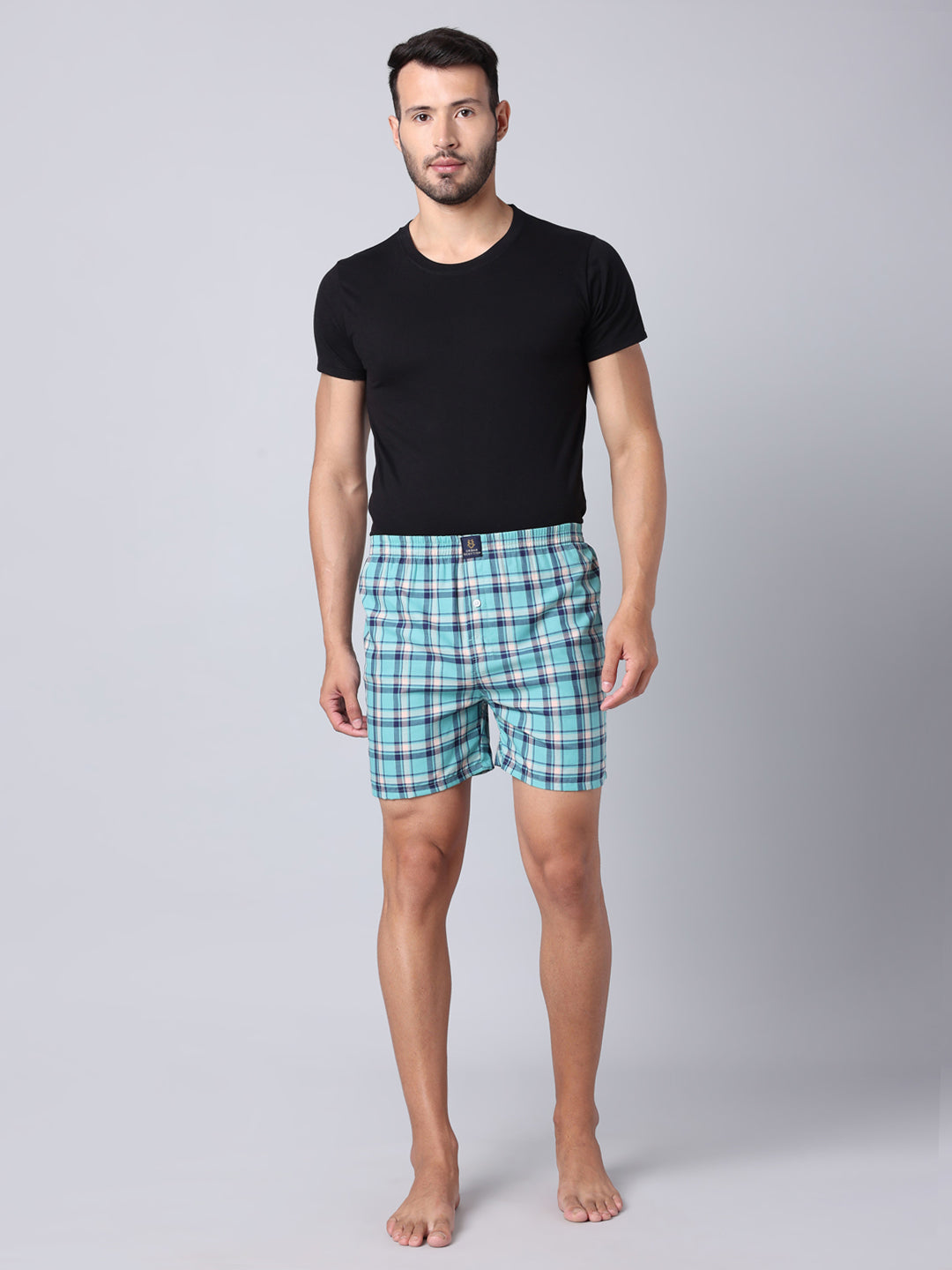 Men's Aqua Blue, 100% Cotton, Checks, Regular Fit,  Inner Elastic, Mid-Rise, Boxers