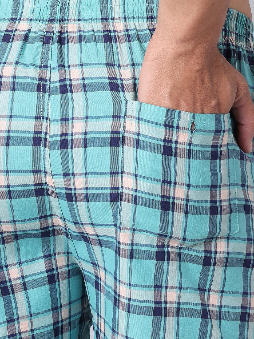 Men's Aqua Blue, 100% Cotton, Checks, Regular Fit,  Inner Elastic, Mid-Rise, Boxers