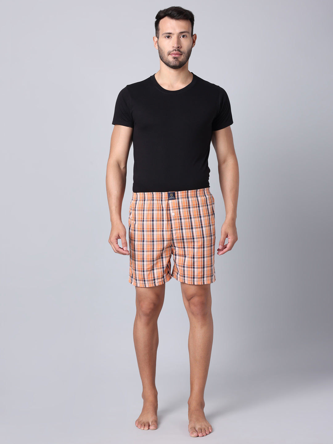 Men's Orange, 100% Cotton, Checks, Regular Fit,  Inner Elastic, Mid-Rise, Boxers