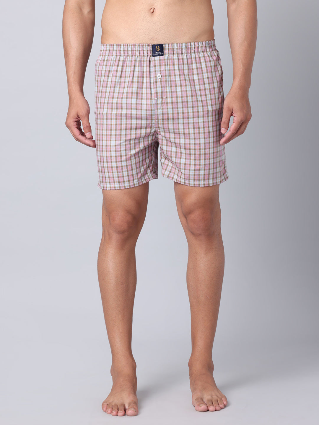 Men's Light Pink, 100% Cotton, Checks, Regular Fit,  Inner Elastic, Mid-Rise, Boxers