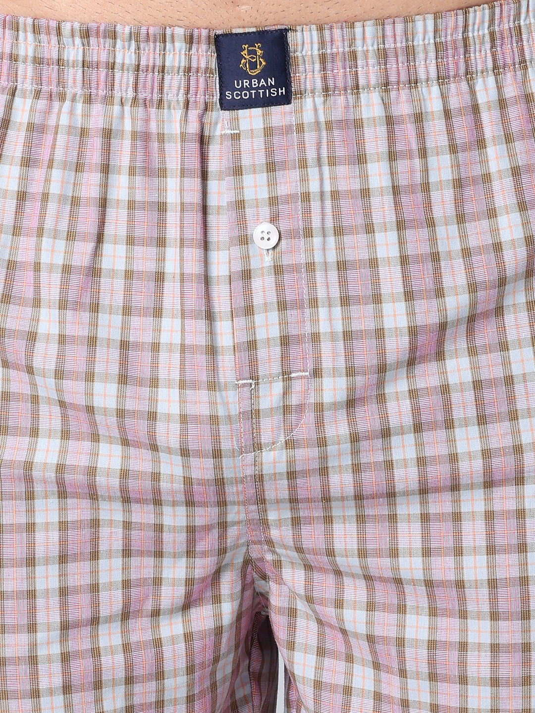 Men's Light Pink, 100% Cotton, Checks, Regular Fit,  Inner Elastic, Mid-Rise, Boxers