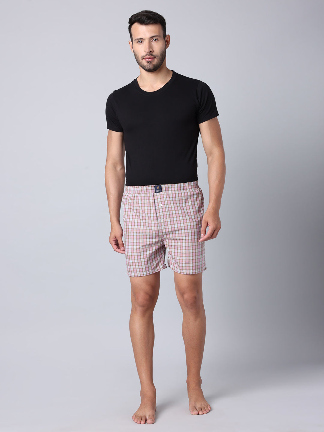 Men's Light Pink, 100% Cotton, Checks, Regular Fit,  Inner Elastic, Mid-Rise, Boxers